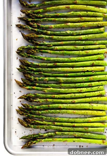 Perfectly roasted asparagus spears on a serving plate, ready to be enjoyed as a gourmet yet simple side dish.