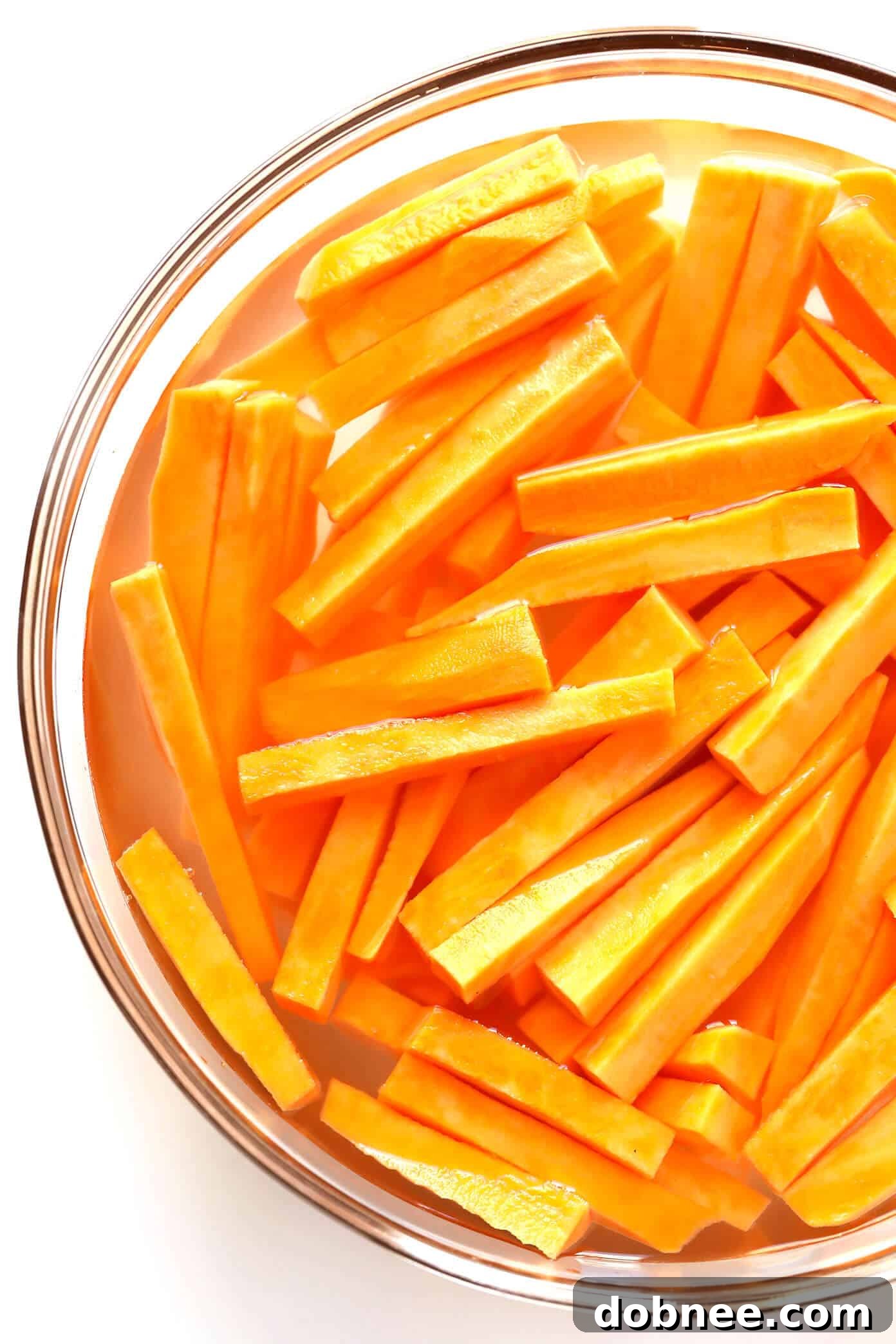 How To Make Baked Sweet Potato Fries -- Soak In Cold Water For 30 Minutes