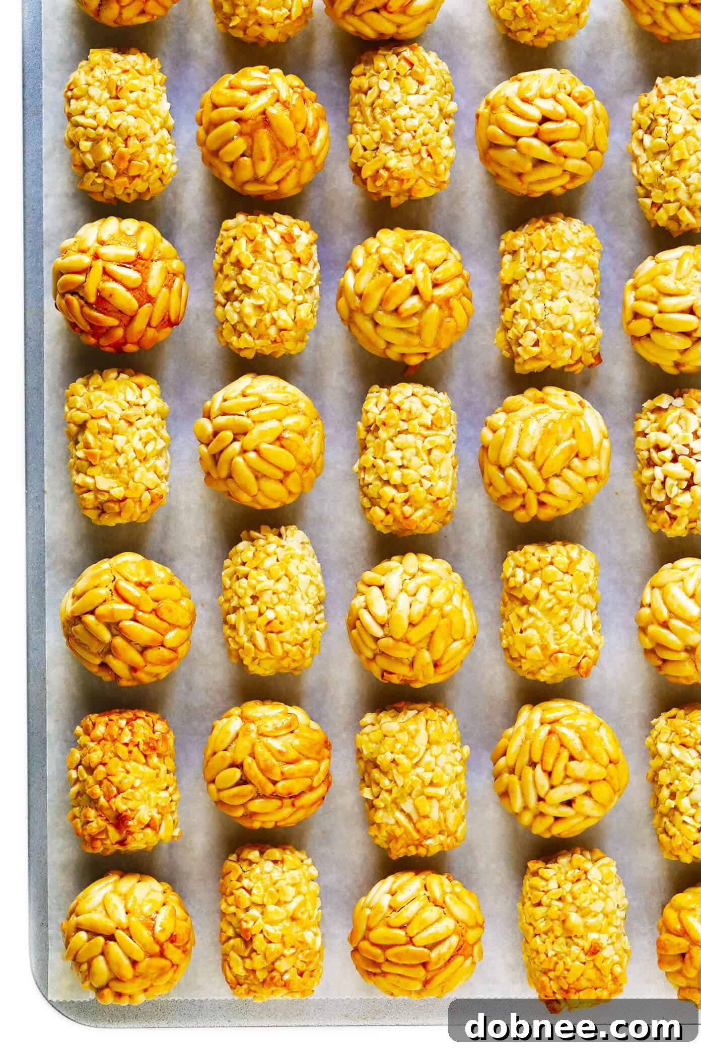 Freshly baked Panellets with pine nuts and almonds on a baking sheet