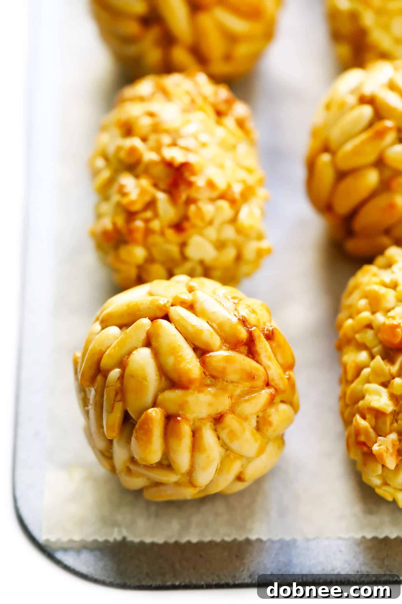 Close-up of baked Panellets on a plate, ready to be served