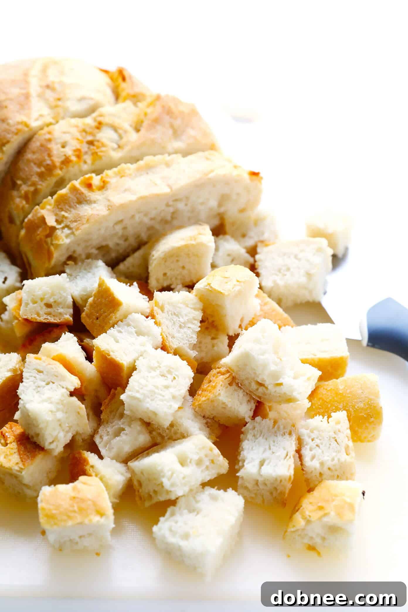 Bread for Homemade Croutons Recipe - Various types of bread, including a rustic loaf and a baguette, waiting to be transformed into croutons.