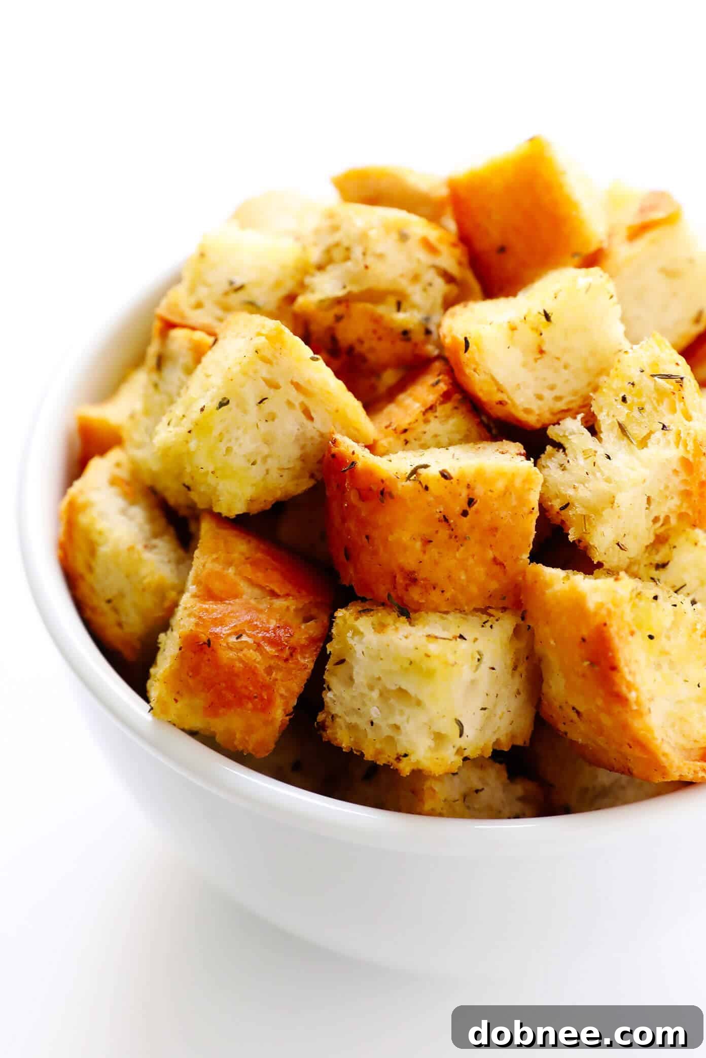 Homemade Croutons Recipe - A close-up of a serving of fresh, golden brown homemade croutons, perfectly toasted and seasoned.