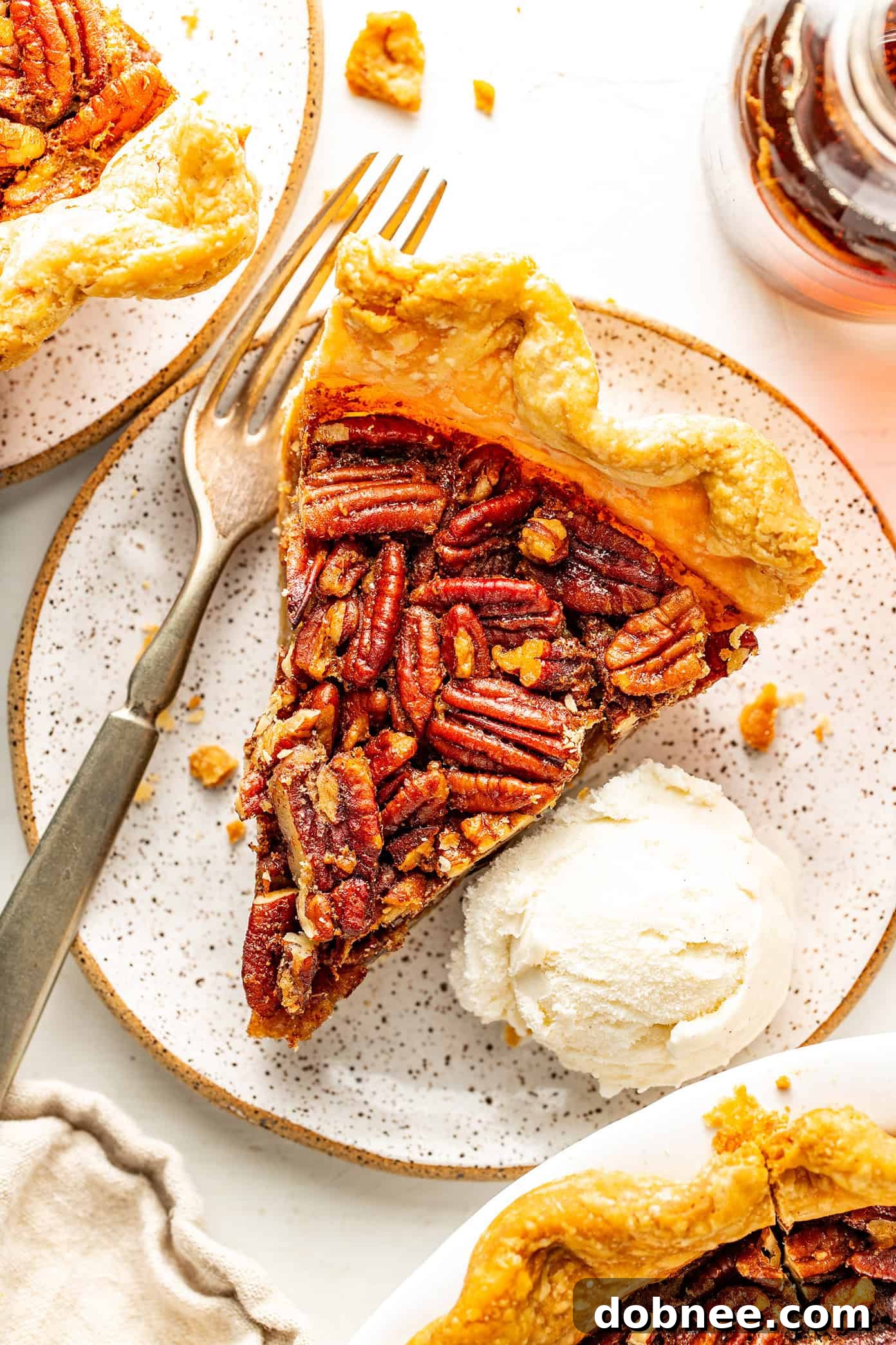 A final close-up shot of the perfectly baked pecan pie, ready to be sliced and enjoyed.