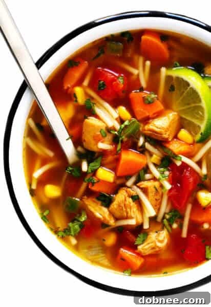 Mexican Chicken Noodle Soup in a bowl with cilantro and lime.