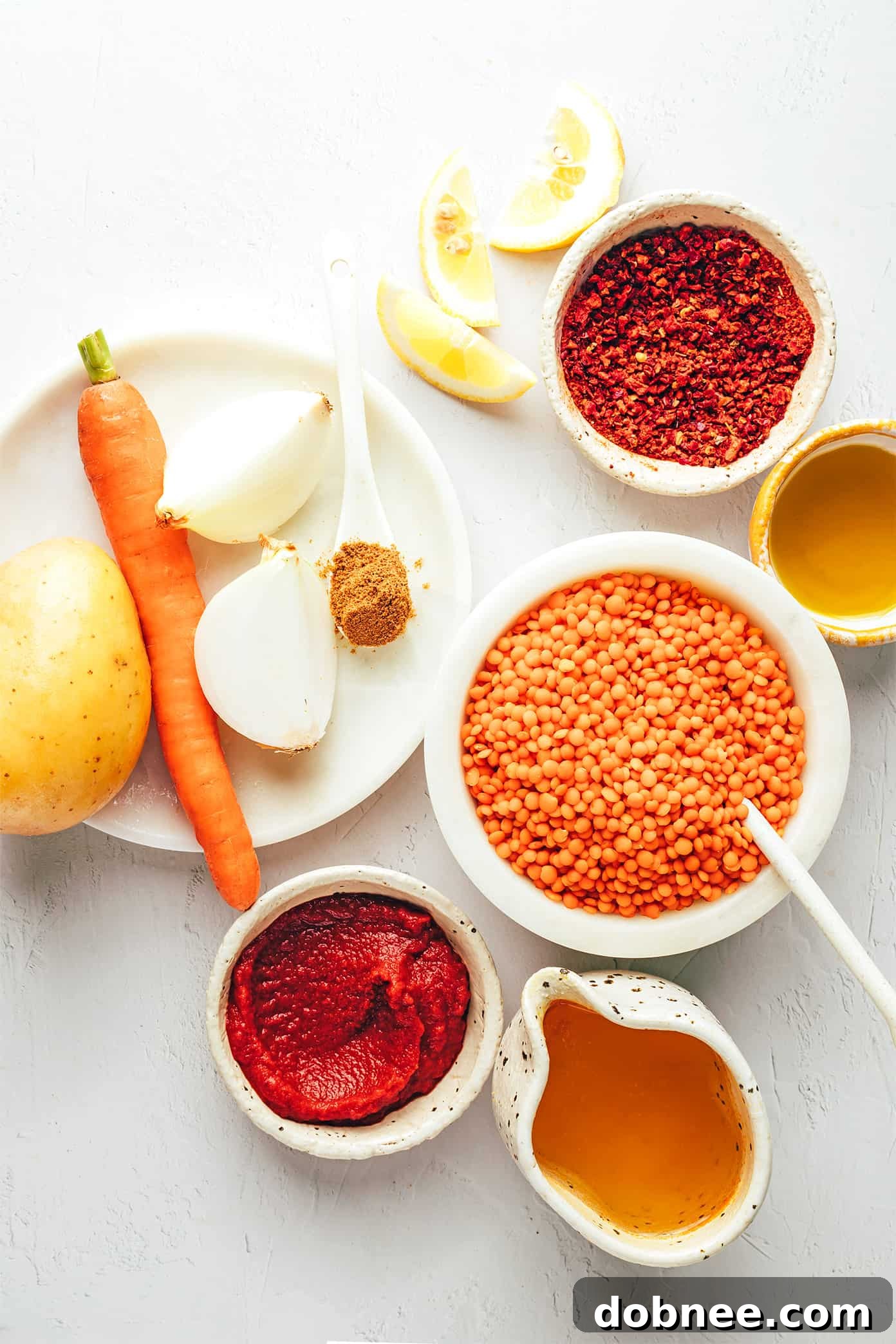 Turkish Lentil Soup Ingredients lined up for cooking