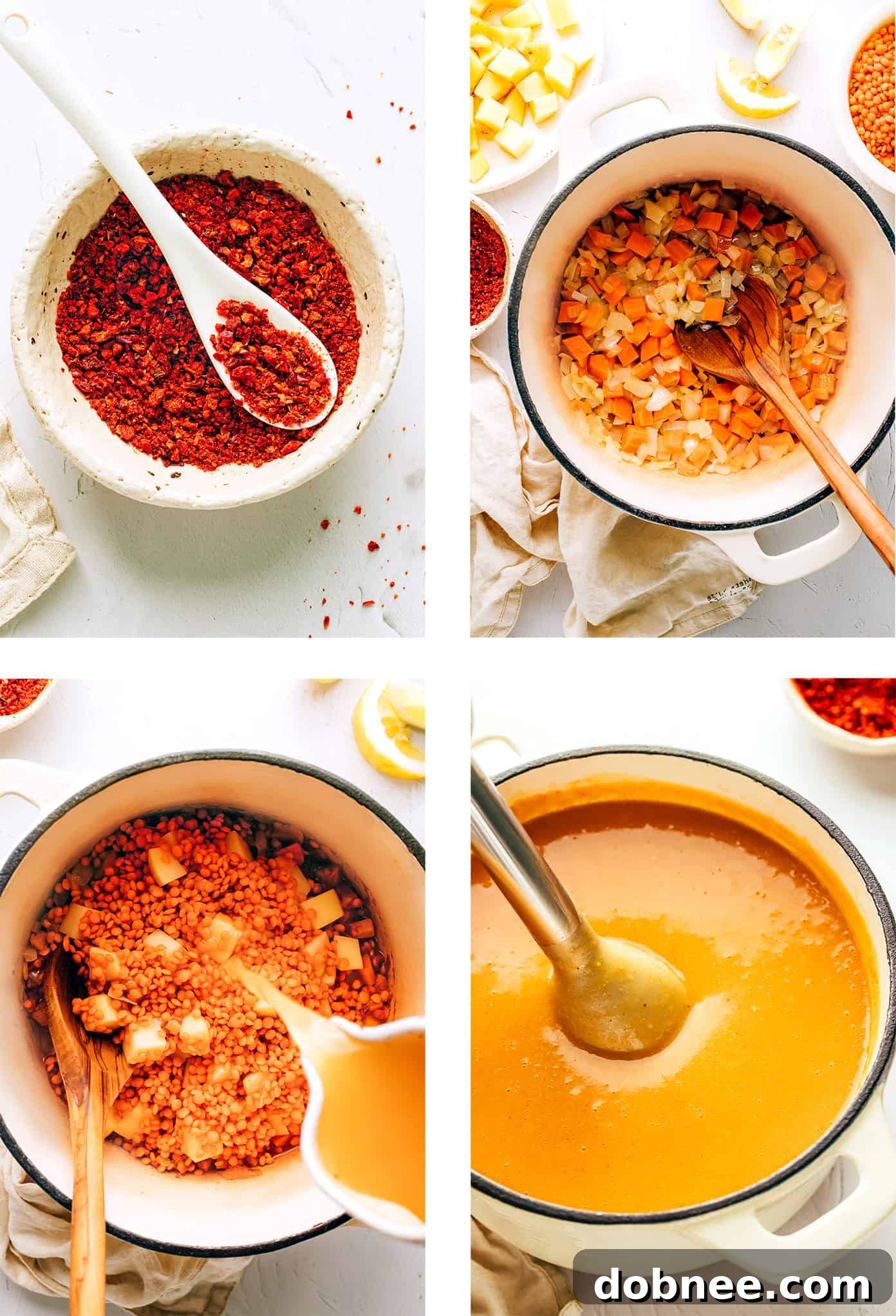Step-by-step photos detailing how to make Turkish lentil soup from scratch