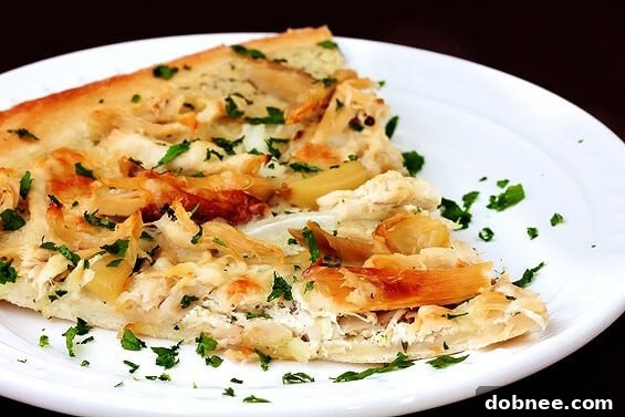 Another angle of the freshly baked Roasted Garlic Chicken Pizza