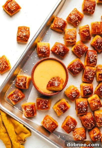 Close-up of baked soft pretzel bites ready to be served.