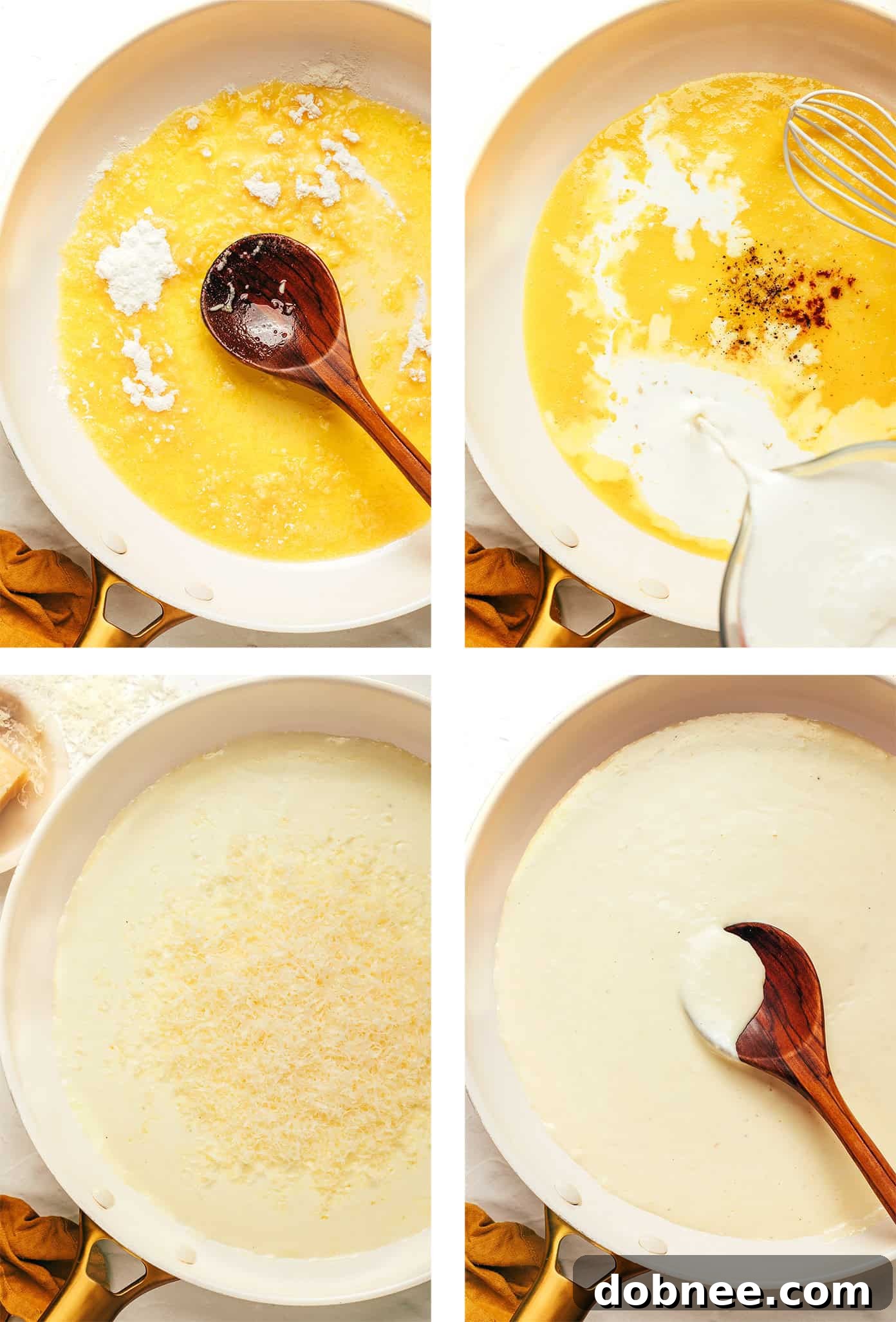 Ingredients for homemade Alfredo sauce laid out on a wooden cutting board, including Parmesan cheese, garlic, butter, and cream.