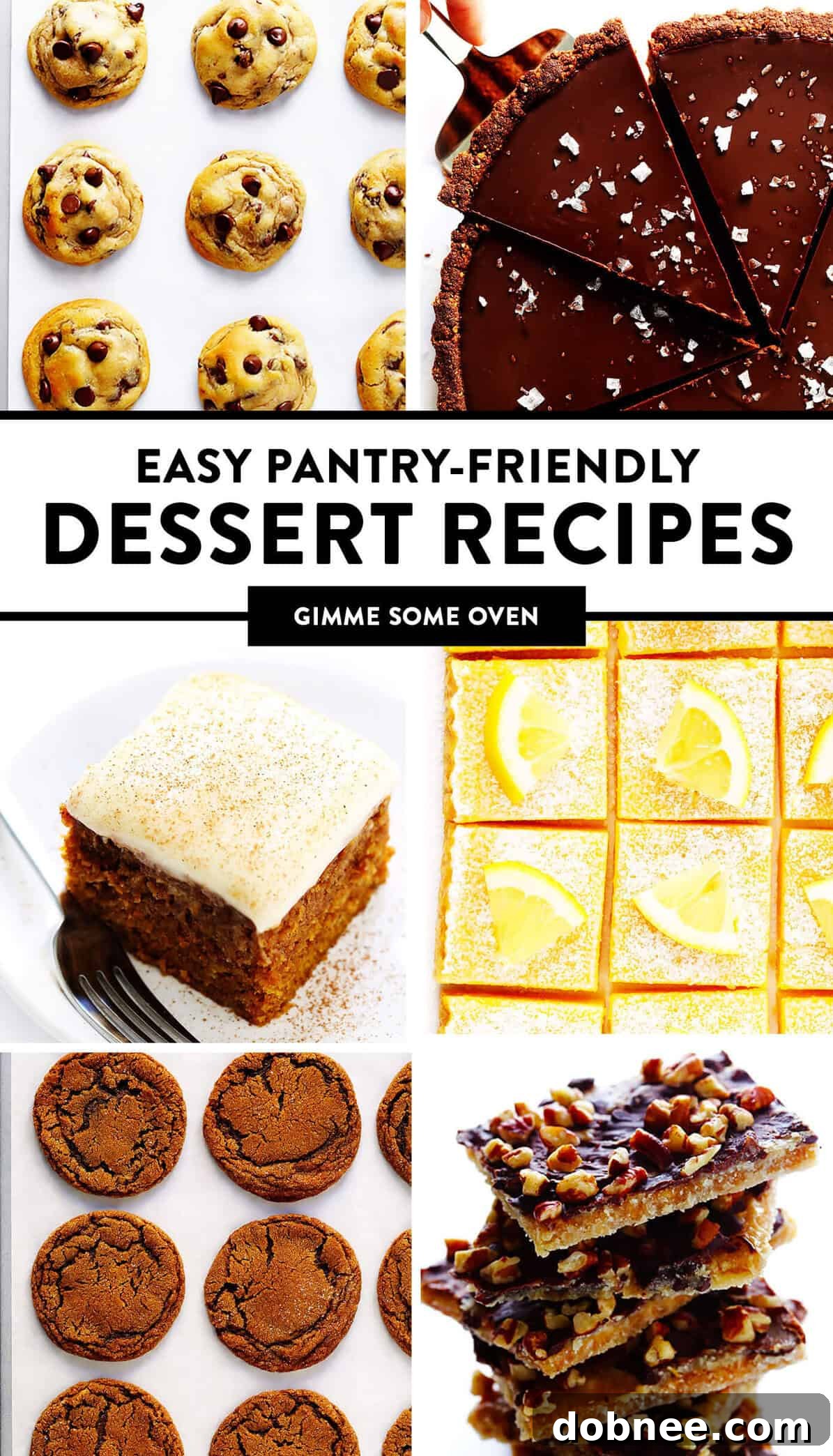Collection of easy pantry-friendly dessert recipes, including cookies, cakes, bars, and tarts.