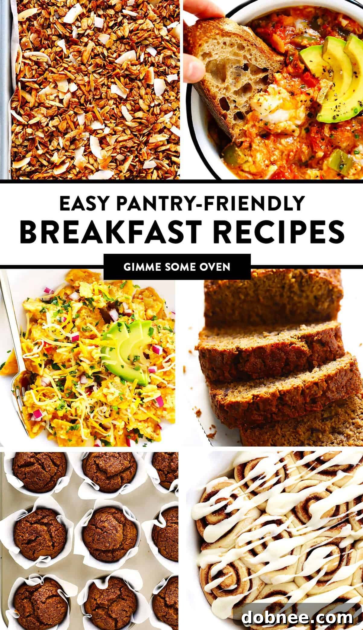 Collection of easy pantry breakfast recipes including muffins, breads, cinnamon rolls, breakfast tacos, and granola.