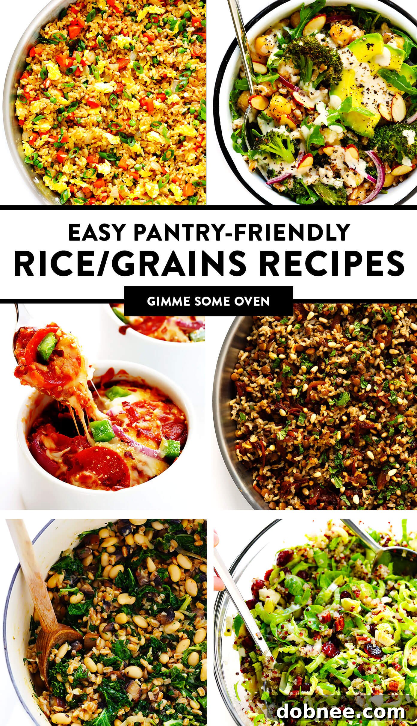 Collection of easy pantry-friendly rice, grains, and quinoa recipes, including fried rice, grain bowls, and mujadara.