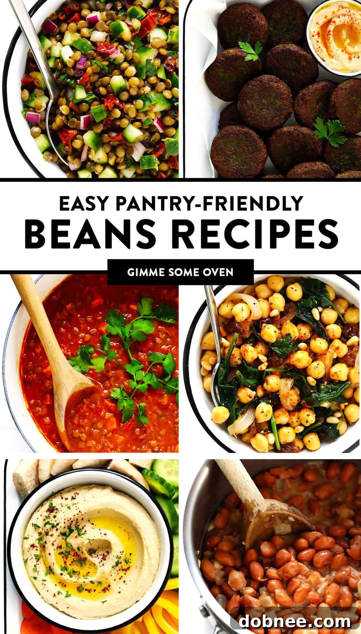 Collection of easy pantry-friendly recipes made with beans, including falafel, hummus, lentil salad, and curries.