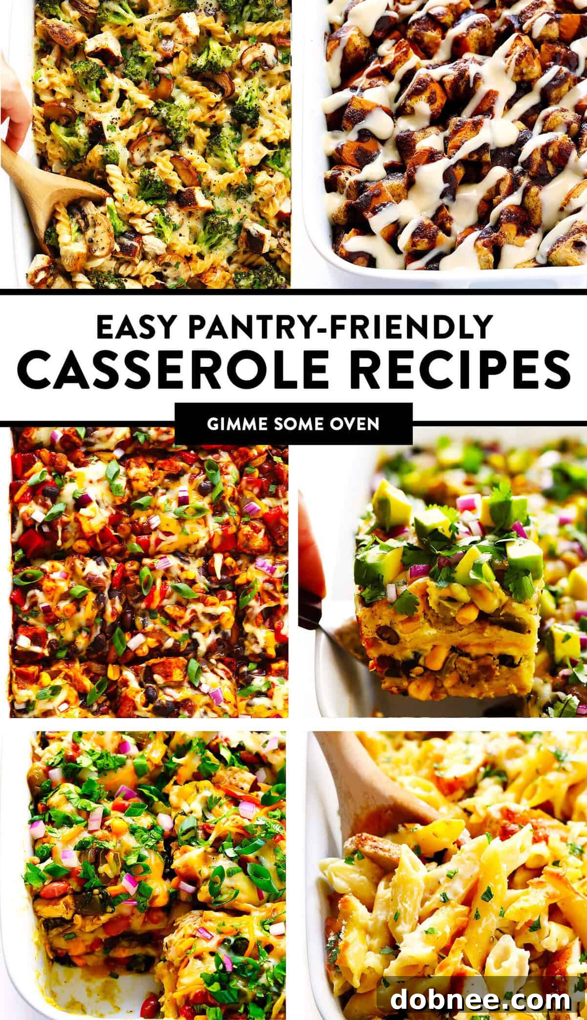 Collection of easy pantry-friendly casserole recipes, perfect for large-batch cooking and freezing.