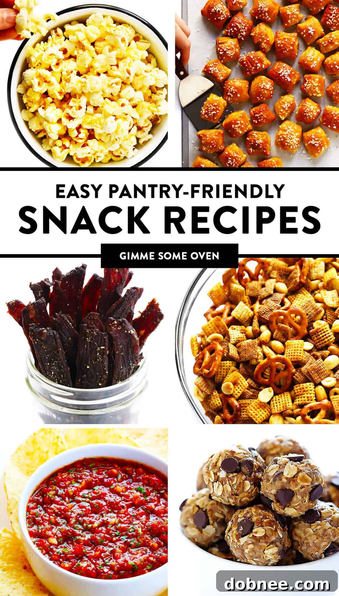 Collection of easy pantry-friendly snack recipes, including popcorn, soft pretzel bites, beef jerky, Chex mix, energy bites, and salsa.