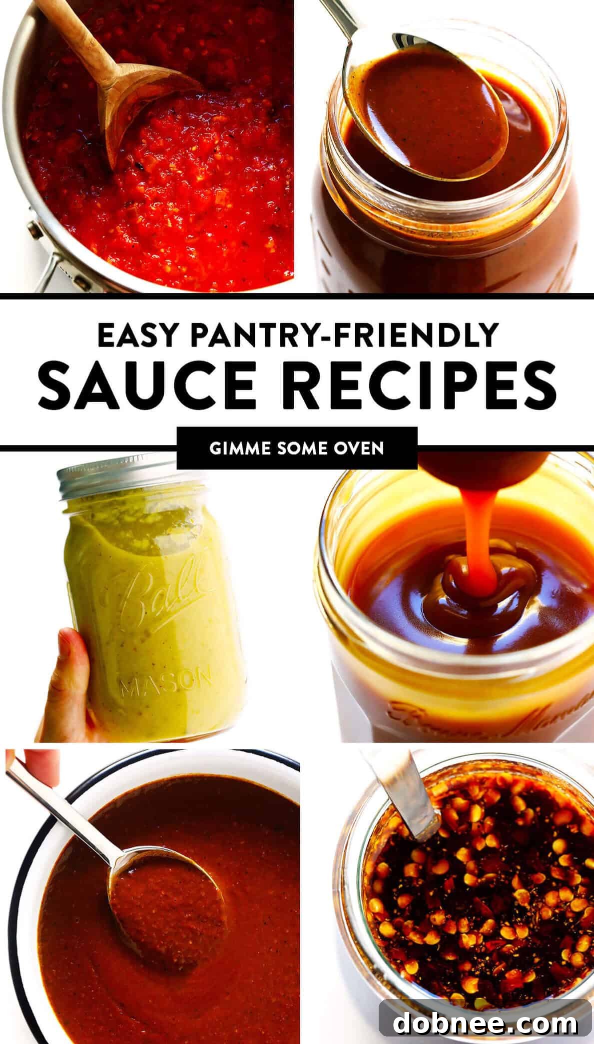 Collection of easy pantry-friendly sauce recipes, including marinara, enchilada sauce, stir-fry sauce, mole, and caramel sauce.