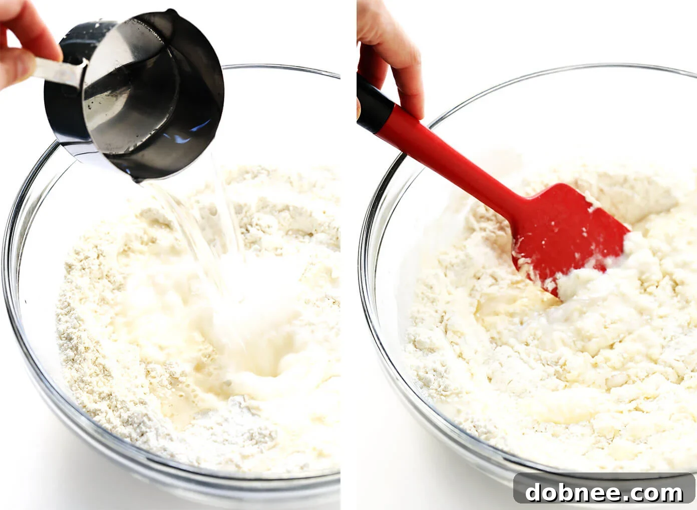 Close-up of flour, salt, and baking powder mixed in a bowl, awaiting other ingredients.