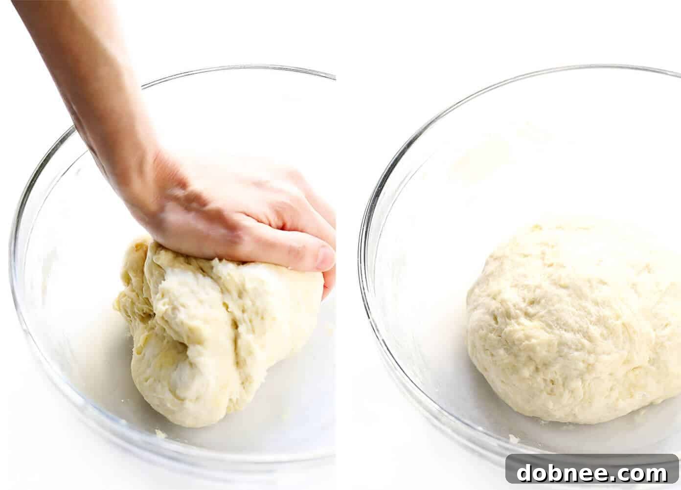 Hands kneading a soft flour tortilla dough on a lightly floured surface.
