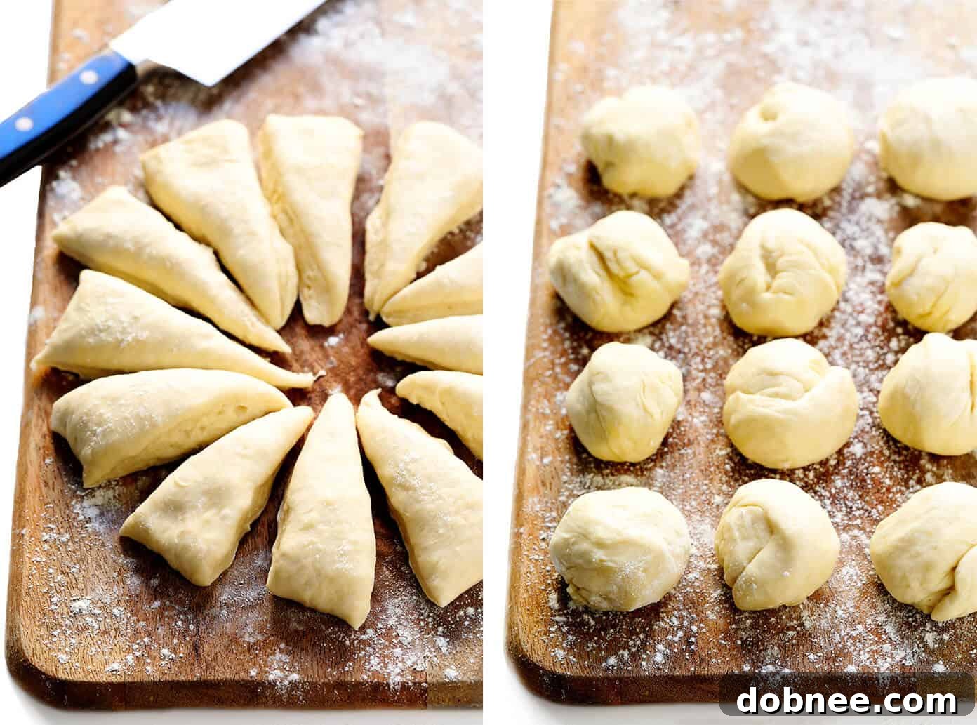 A ball of flour tortilla dough being flattened by hand on a floured surface.