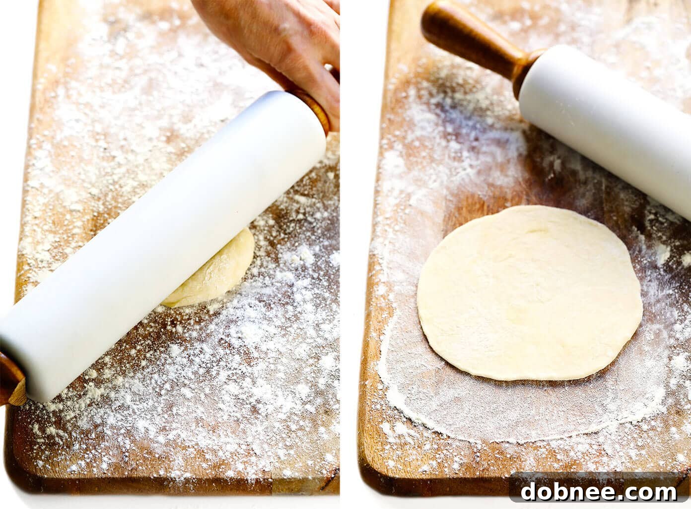 A rolling pin flattening a ball of dough into a round tortilla shape.