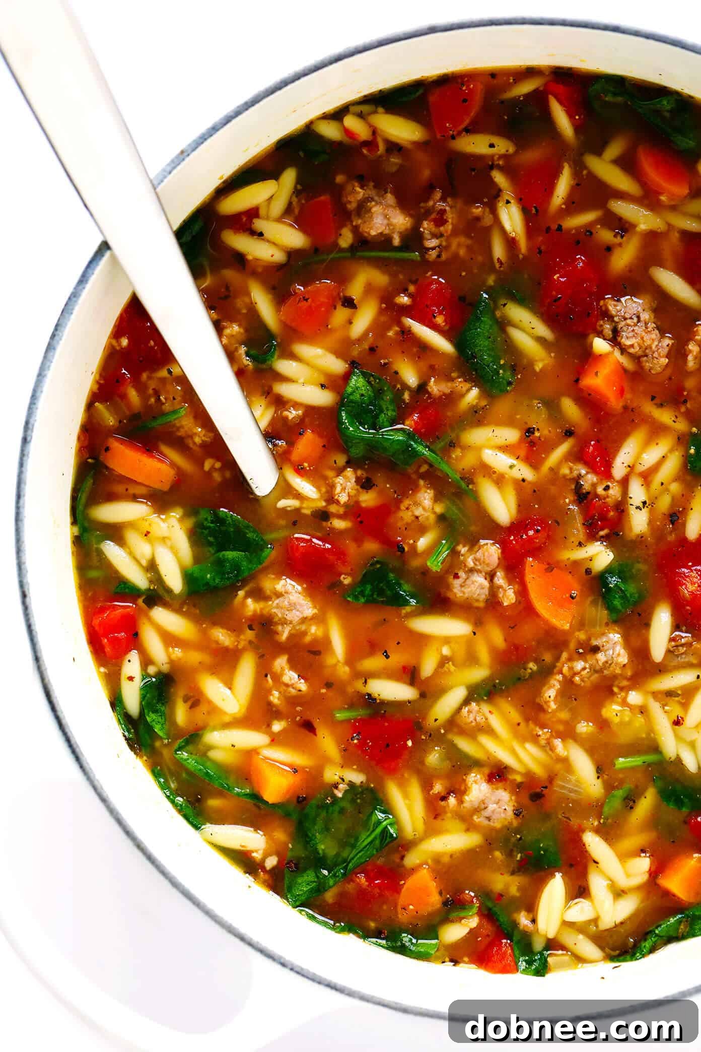 Italian Sausage Orzo Soup Recipe - A hearty and zesty soup perfect for cozy evenings. Features crumbled Italian sausage, tender orzo, and fresh spinach in a rich tomato-garlic broth.