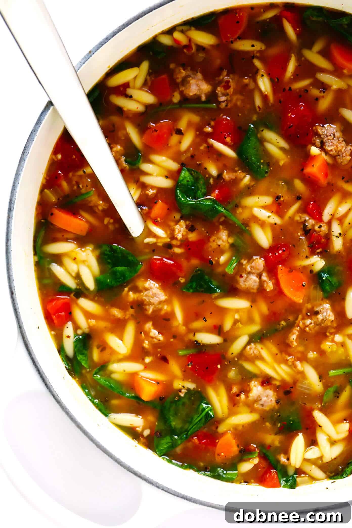 Close-up of a bowl of Italian Soup with Sausage, Orzo and Spinach, garnished with fresh herbs.