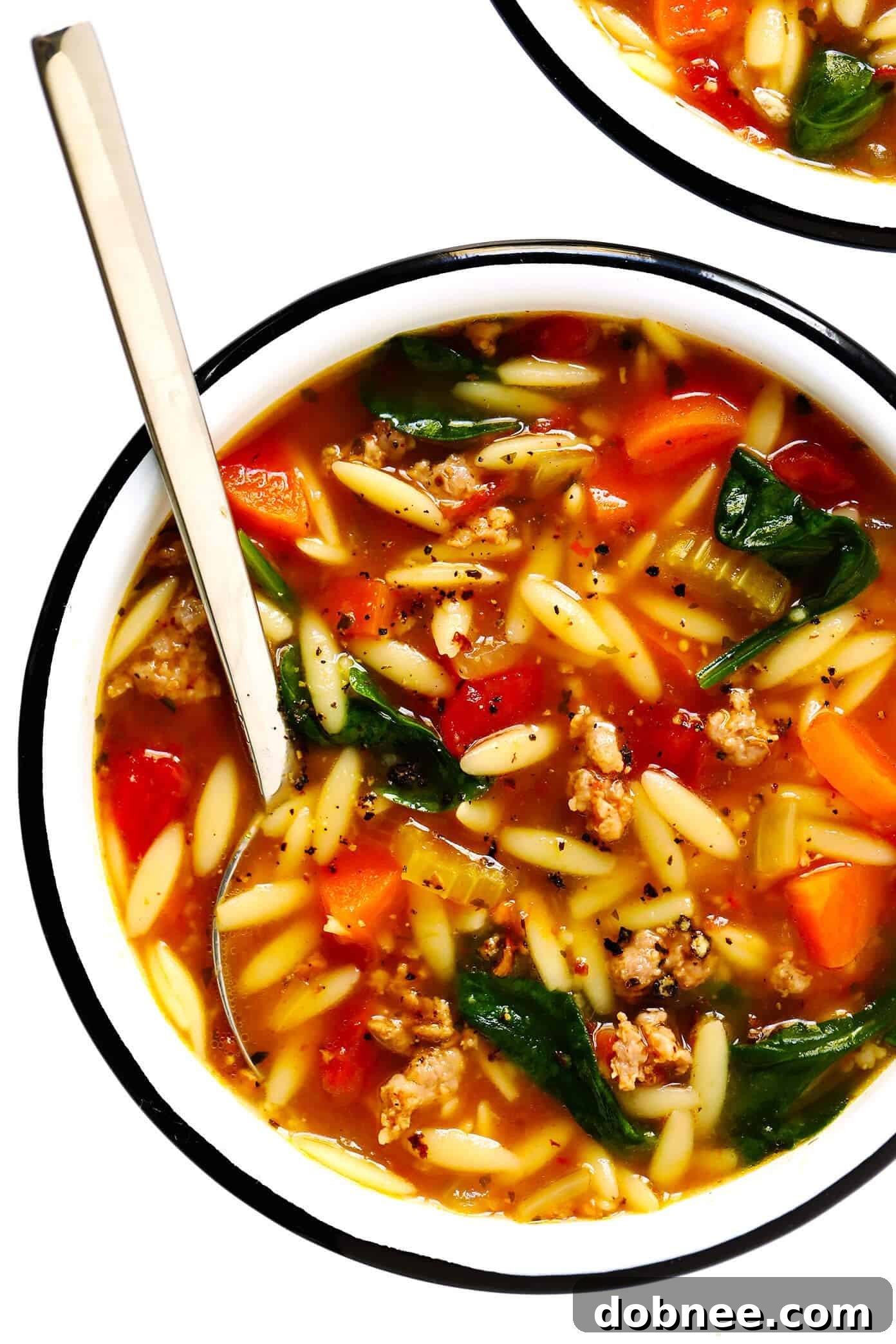 Overhead view of a comforting bowl of Italian Sausage, Orzo, Spinach and Tomato Soup.