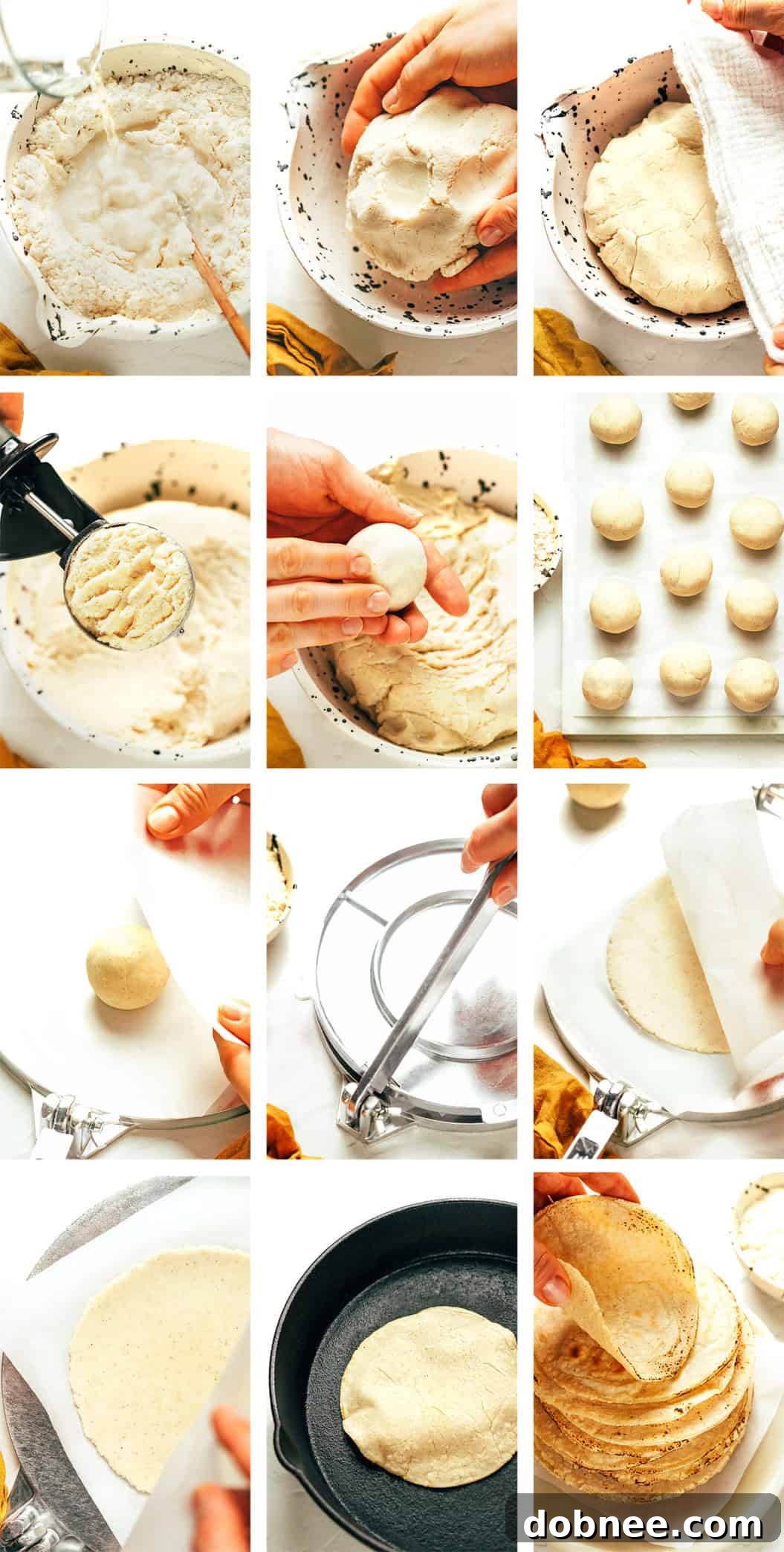Dough balls being pressed in a tortilla press between two plastic sheets