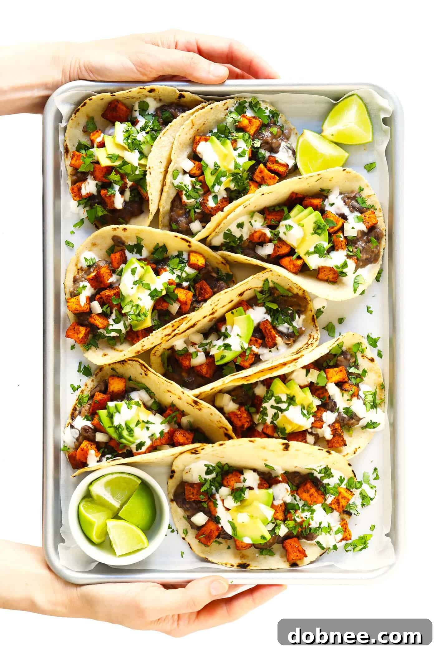 Roasted Sweet Potato Tacos with Refried Black Beans, Avocado, and Cilantro