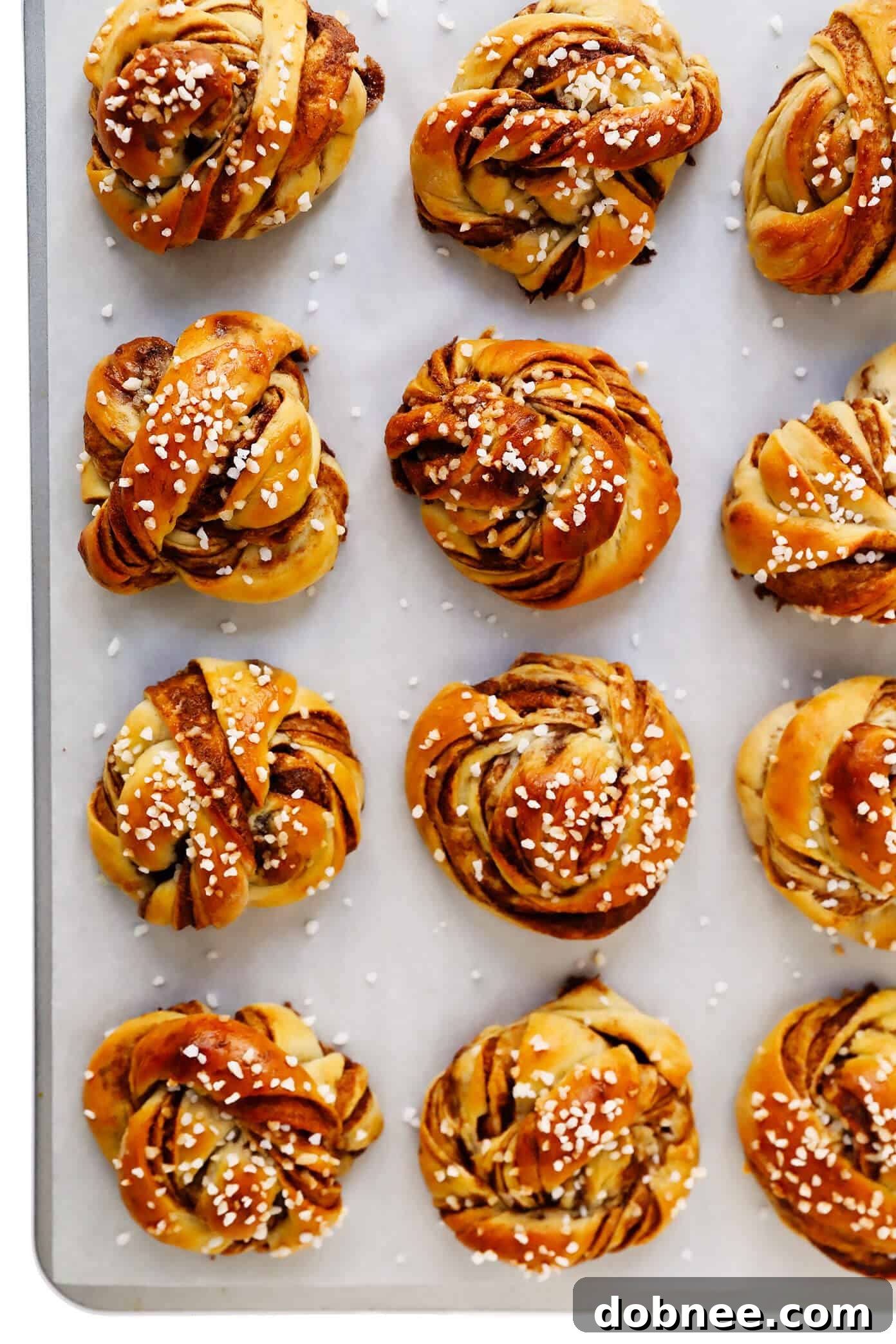 Classic Swedish Cinnamon Buns, also known as Kanelbullar, freshly baked and topped with crunchy pearl sugar, showcasing their soft texture and signature twisted knot shape.