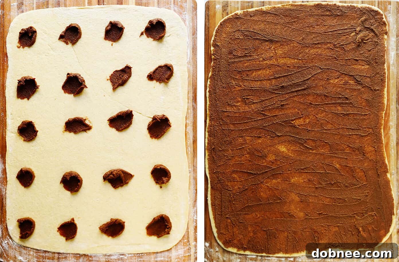 Image displaying the luscious cinnamon-cardamom-sugar filling spread evenly over the rolled-out Kanelbullar dough.