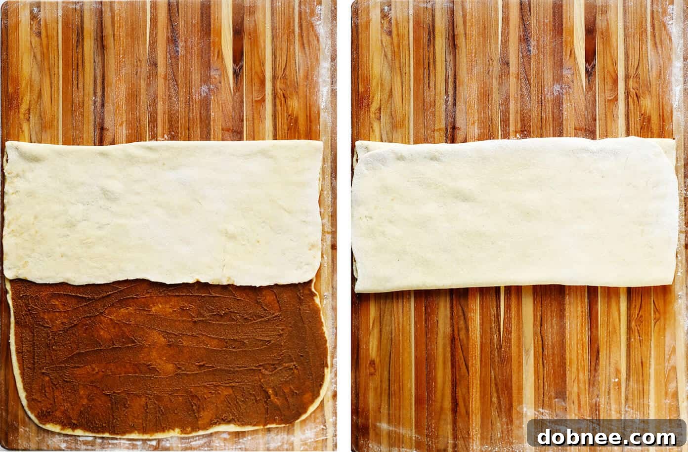 Visual guide on folding the Kanelbullar dough after spreading the filling, resembling a business letter.