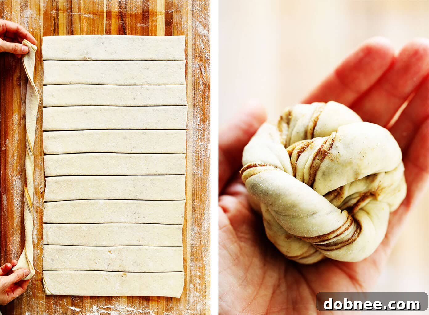 Detailed image showcasing the technique of twisting and knotting Swedish cinnamon bun dough strips into their characteristic shape.