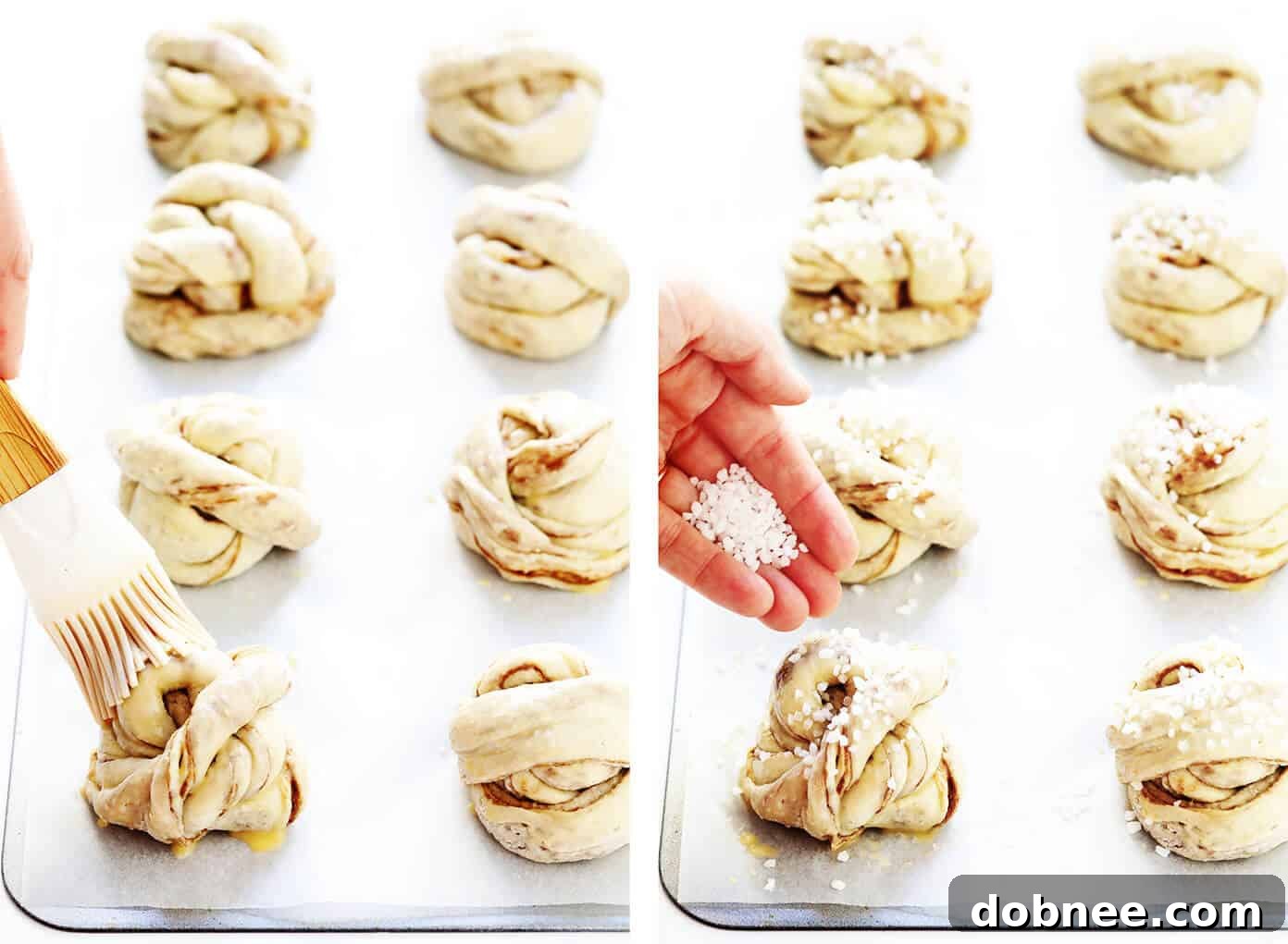Sprinkling coarse pearl sugar onto twisted Kanelbullar before baking, adding a signature sweet crunch.