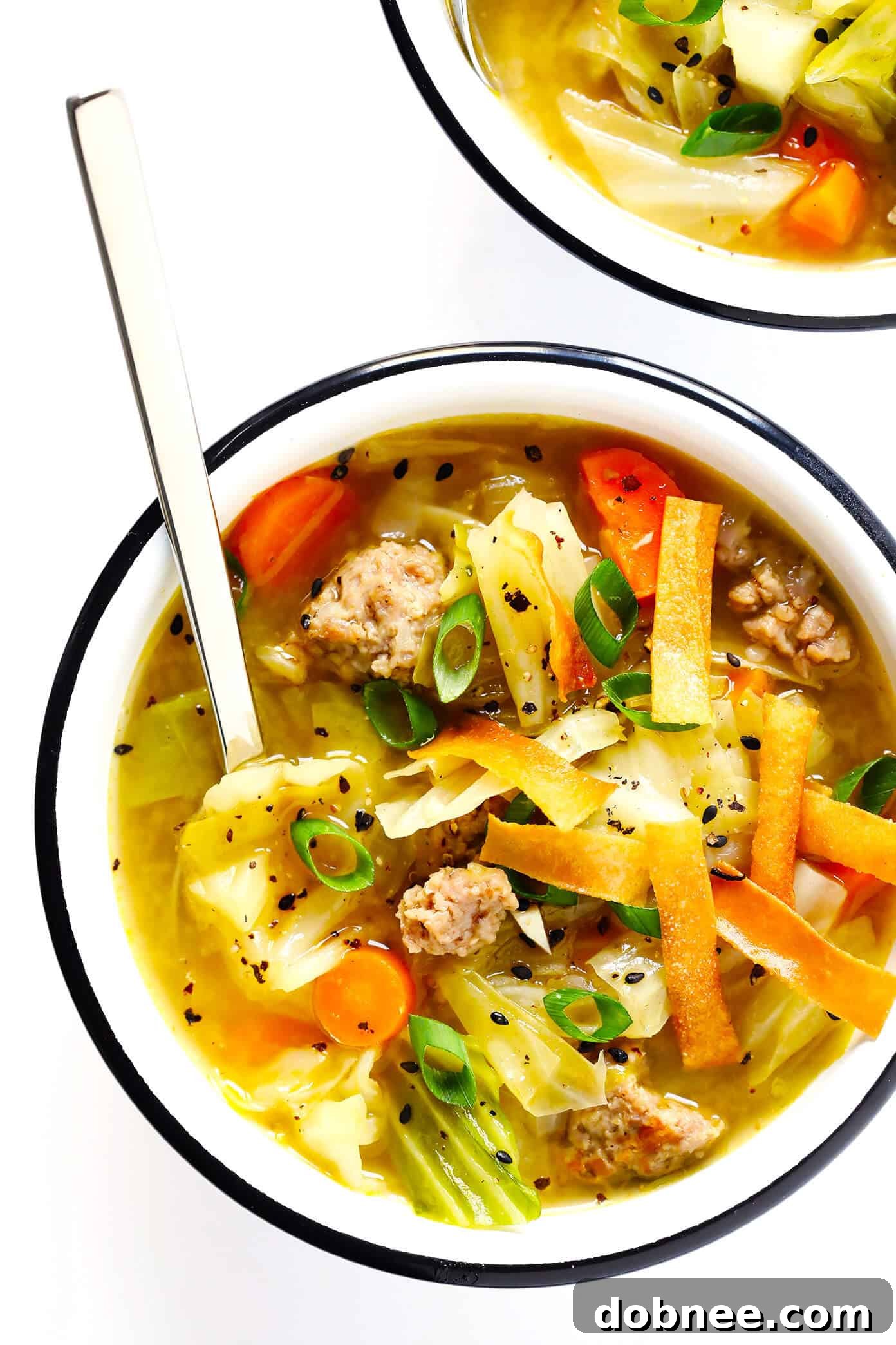 Hearty Egg Roll Soup with Savory Pork, Cabbage, and Carrots, garnished with fresh green onions and crispy wonton strips. A perfect gluten-free, Asian-inspired dinner recipe.