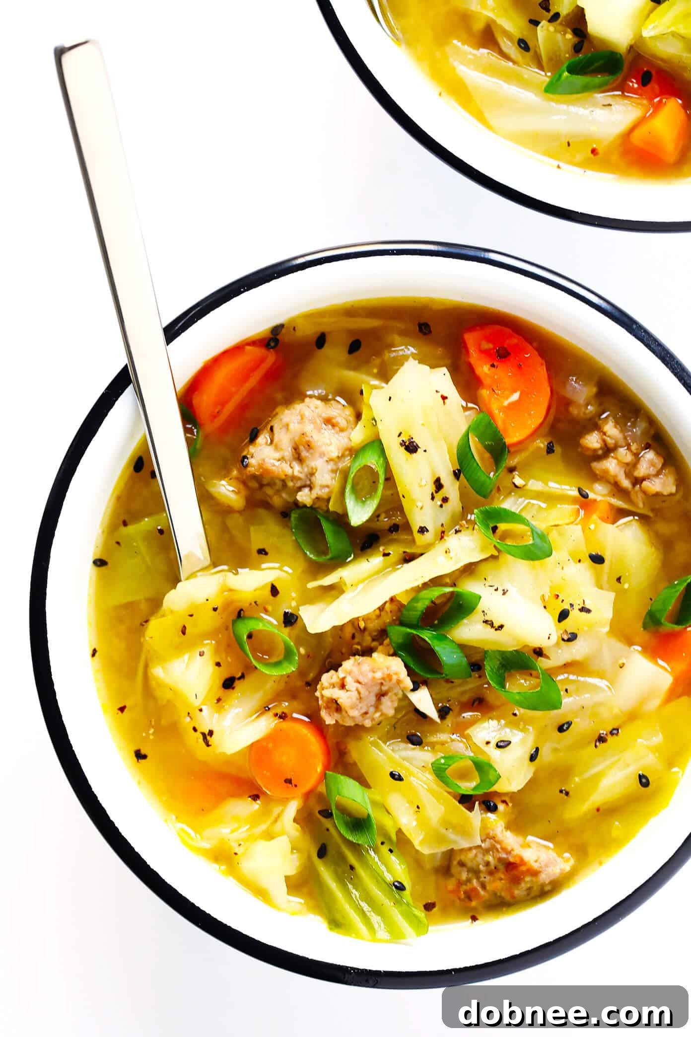 Overhead view of a comforting bowl of Egg Roll Soup, showcasing its rich texture and colorful ingredients, ready to be enjoyed.