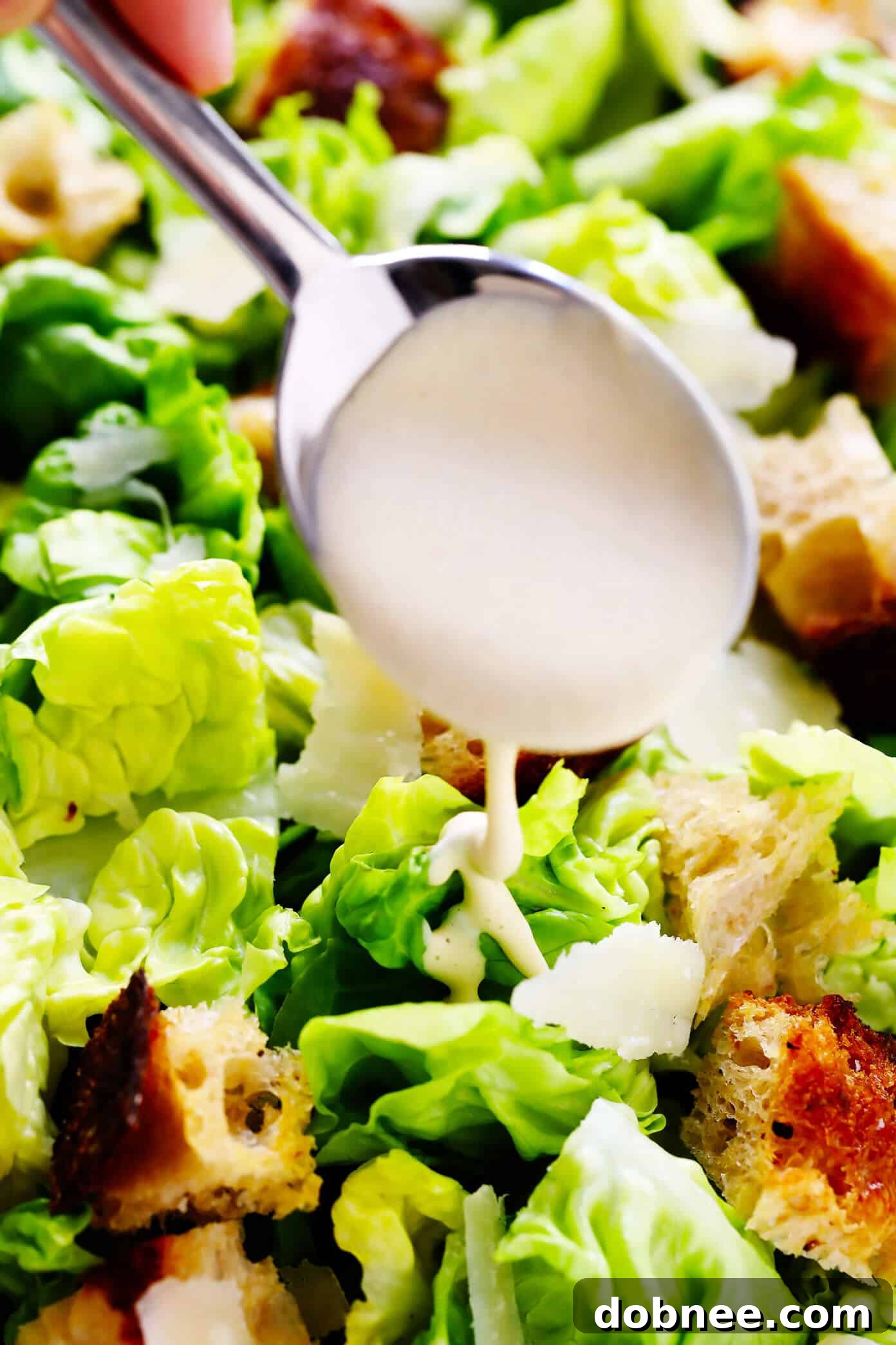 Homemade Caesar Dressing drizzled over a fresh Caesar salad