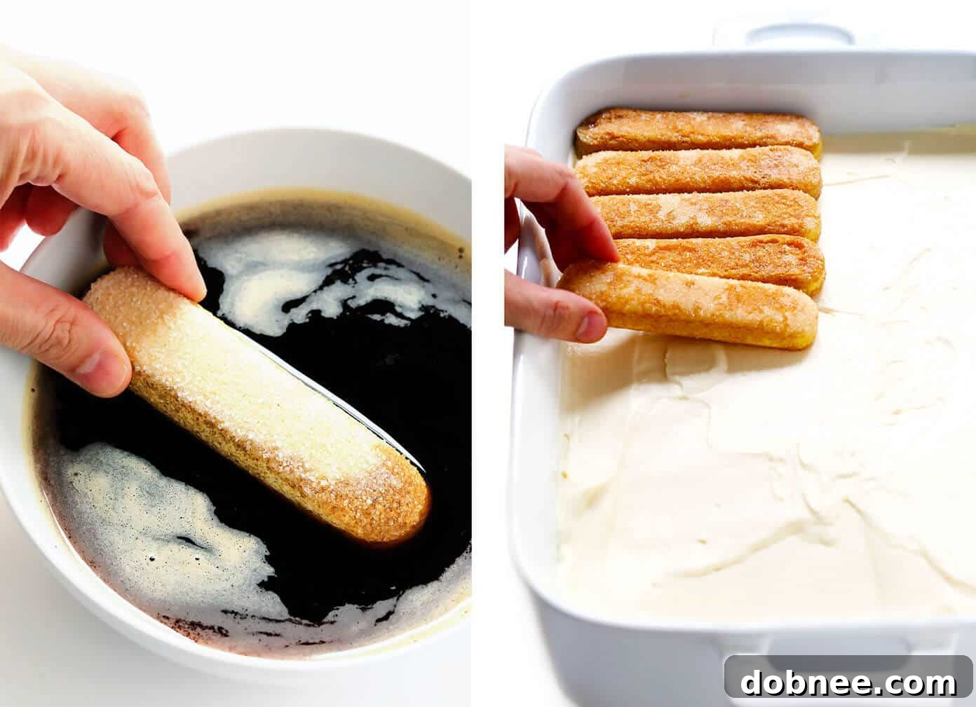 Dipping ladyfingers in espresso to make tiramisu