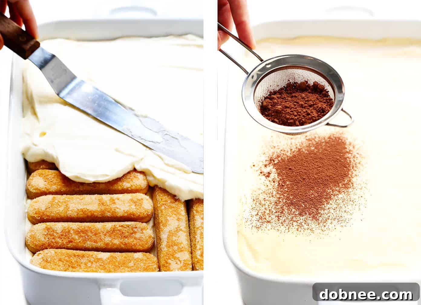 Spreading mascarpone filling on top of ladyfingers and dusting the tiramisu with cocoa powder