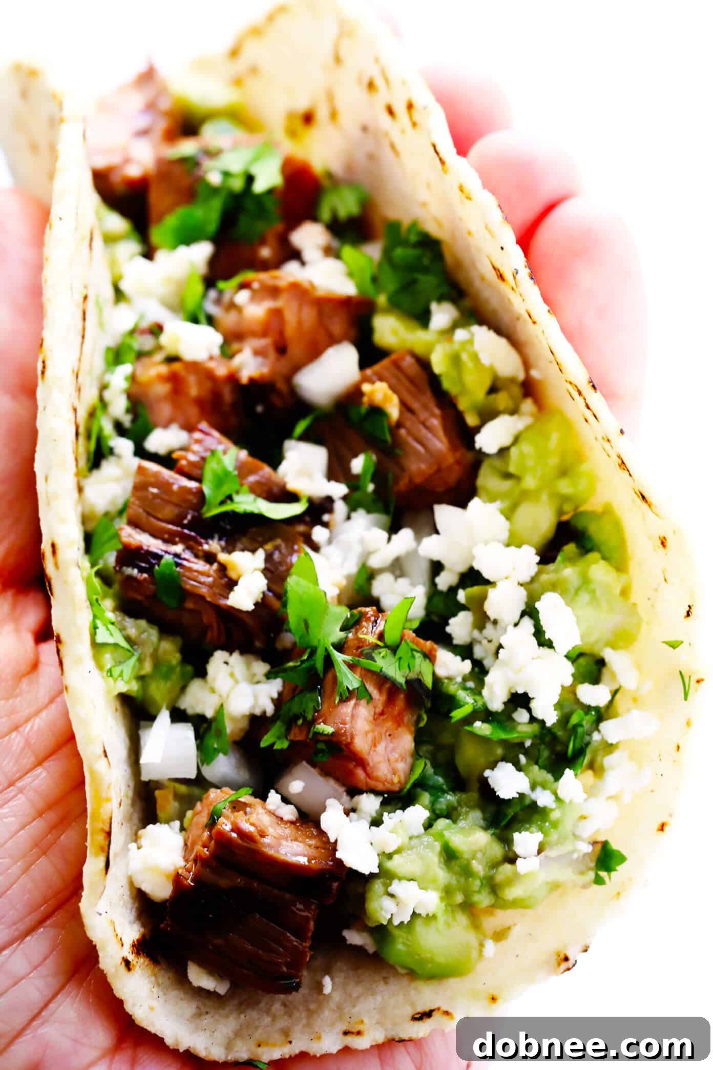 My favorite recipe for street-style Mexican carne asada tacos -- made with tender marinated grilled steak, soft corn tortillas, guacamole or sliced avocado, and whatever other toppings sound good! | gimmesomeoven.com #carneasada #beef #steak #tacos #mexican #avocado #guacamole #glutenfree #dinner Carne Asada Taco Closeup