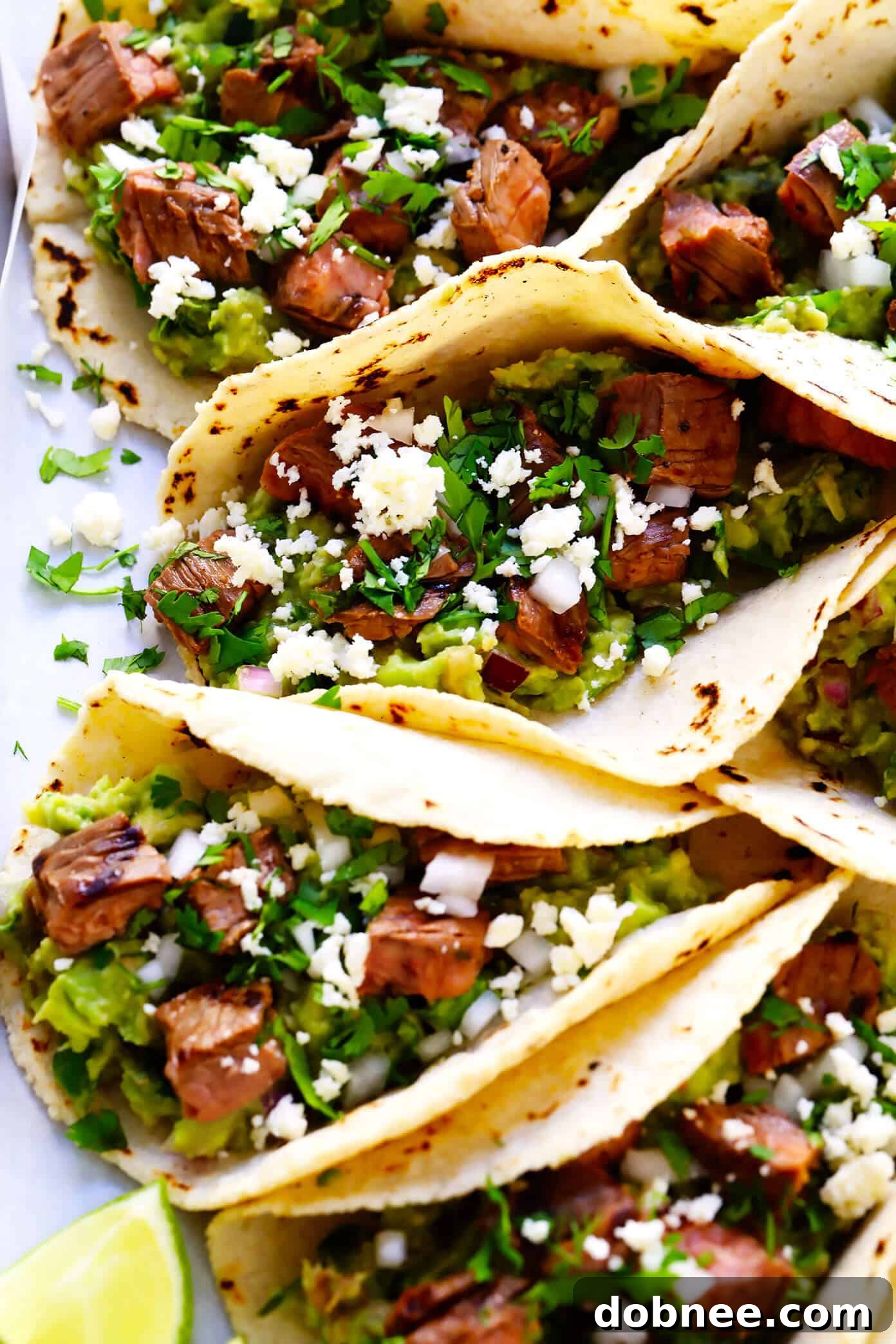 My favorite recipe for street-style Mexican carne asada tacos -- made with tender marinated grilled steak, soft corn tortillas, guacamole or sliced avocado, and whatever other toppings sound good! | gimmesomeoven.com #carneasada #beef #steak #tacos #mexican #avocado #guacamole #glutenfree #dinner Carne Asada (Grilled Steak) Tacos