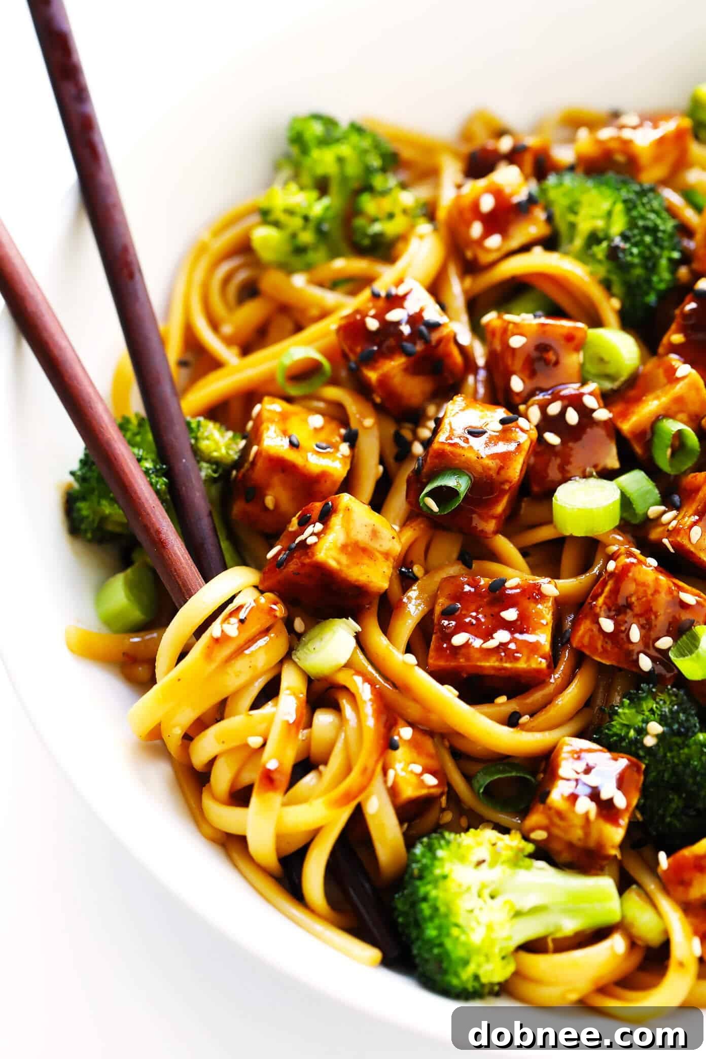 Beautifully plated Five Spice Tofu Bowls with Sesame Noodles, garnished with fresh green onions and sesame seeds.