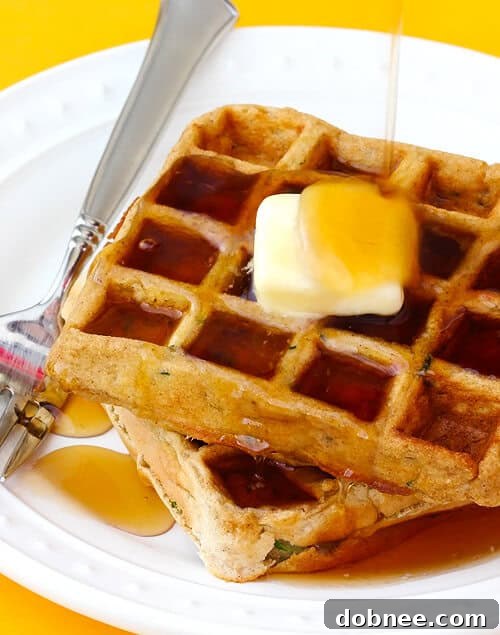 Close-up of freshly cooked Zucchini Waffles on a plate