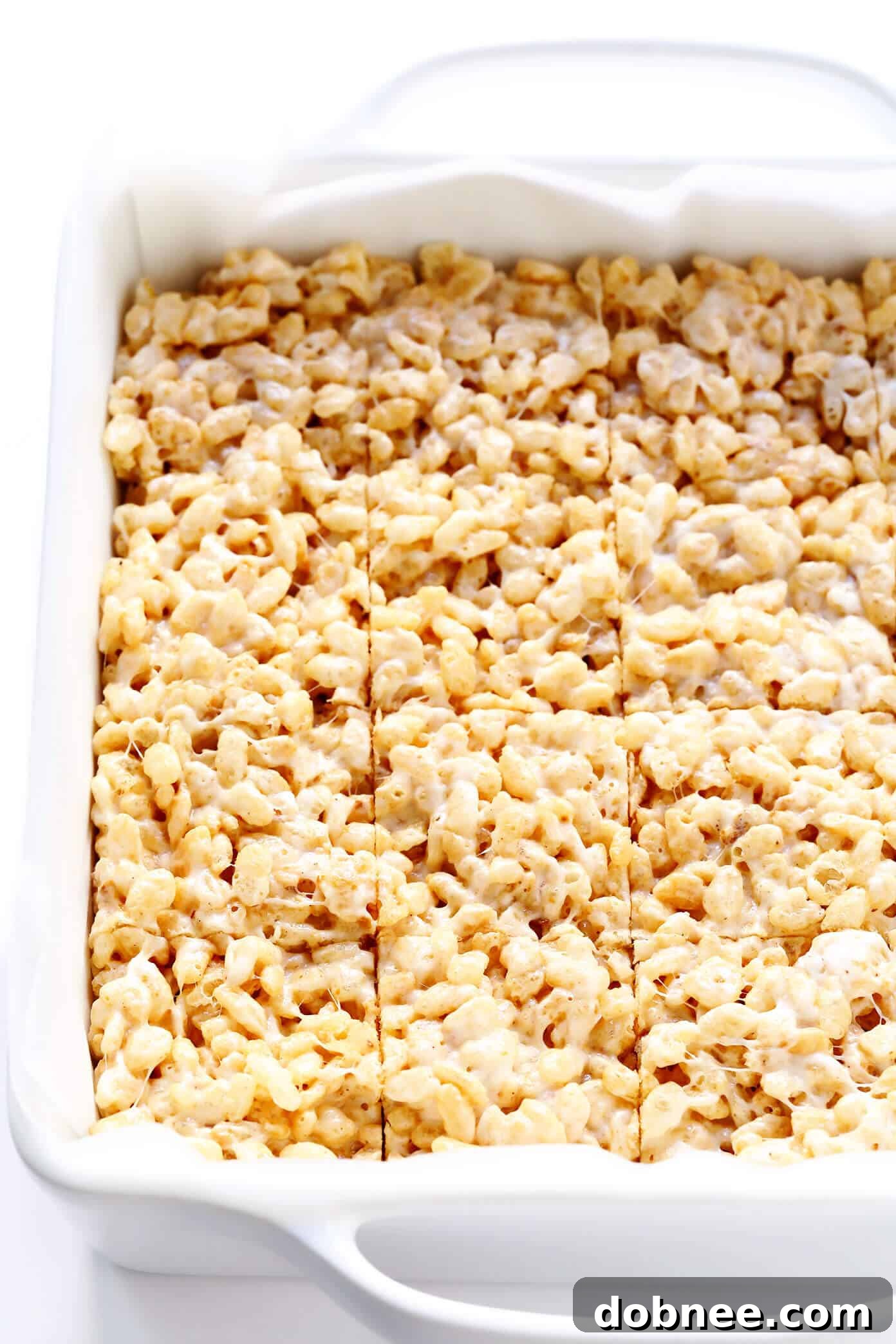 Rice Krispie Treats Bars In Baking Dish with flaky sea salt