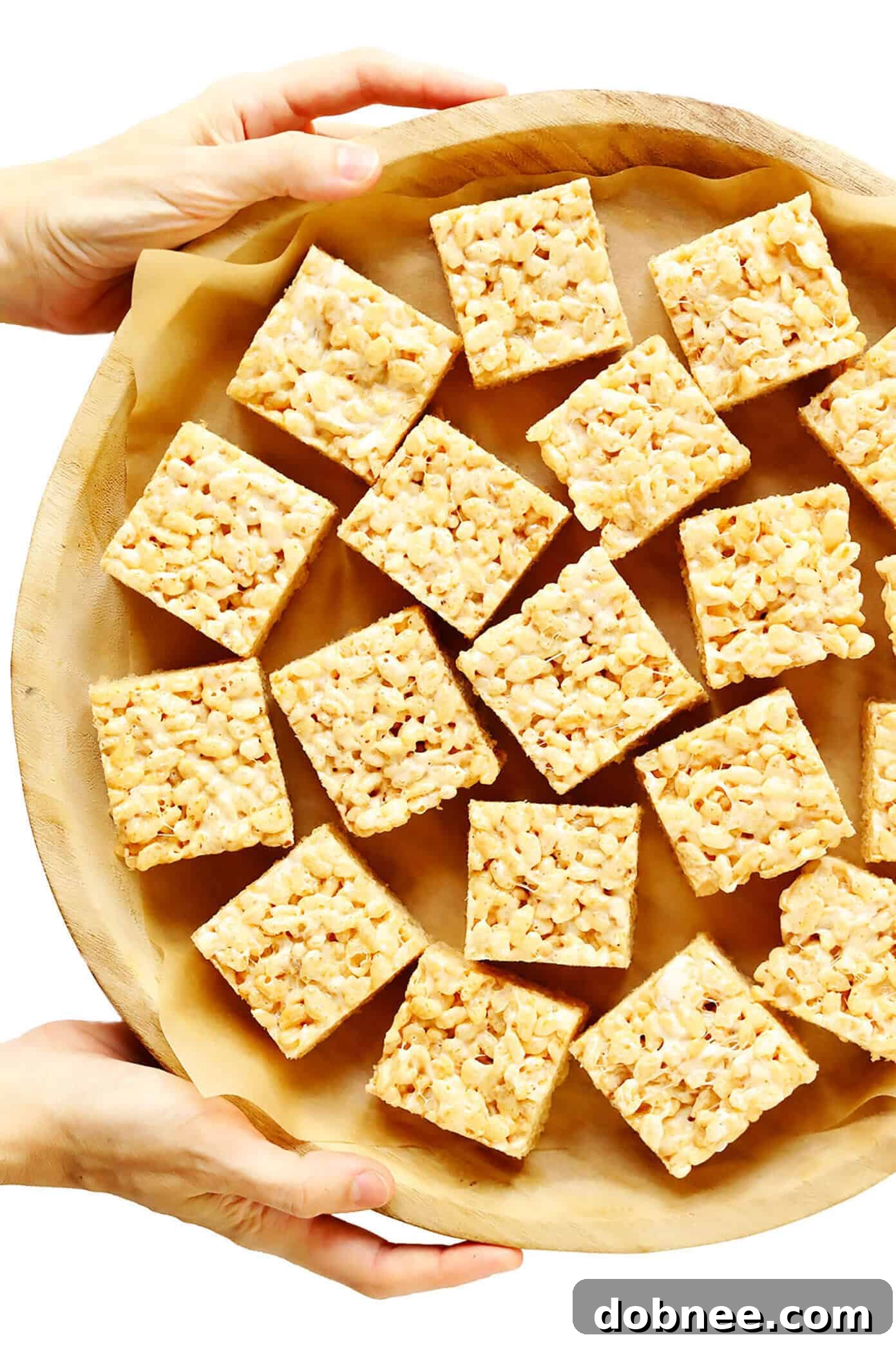 Tray of Rice Krispie Treat Squares ready to be served