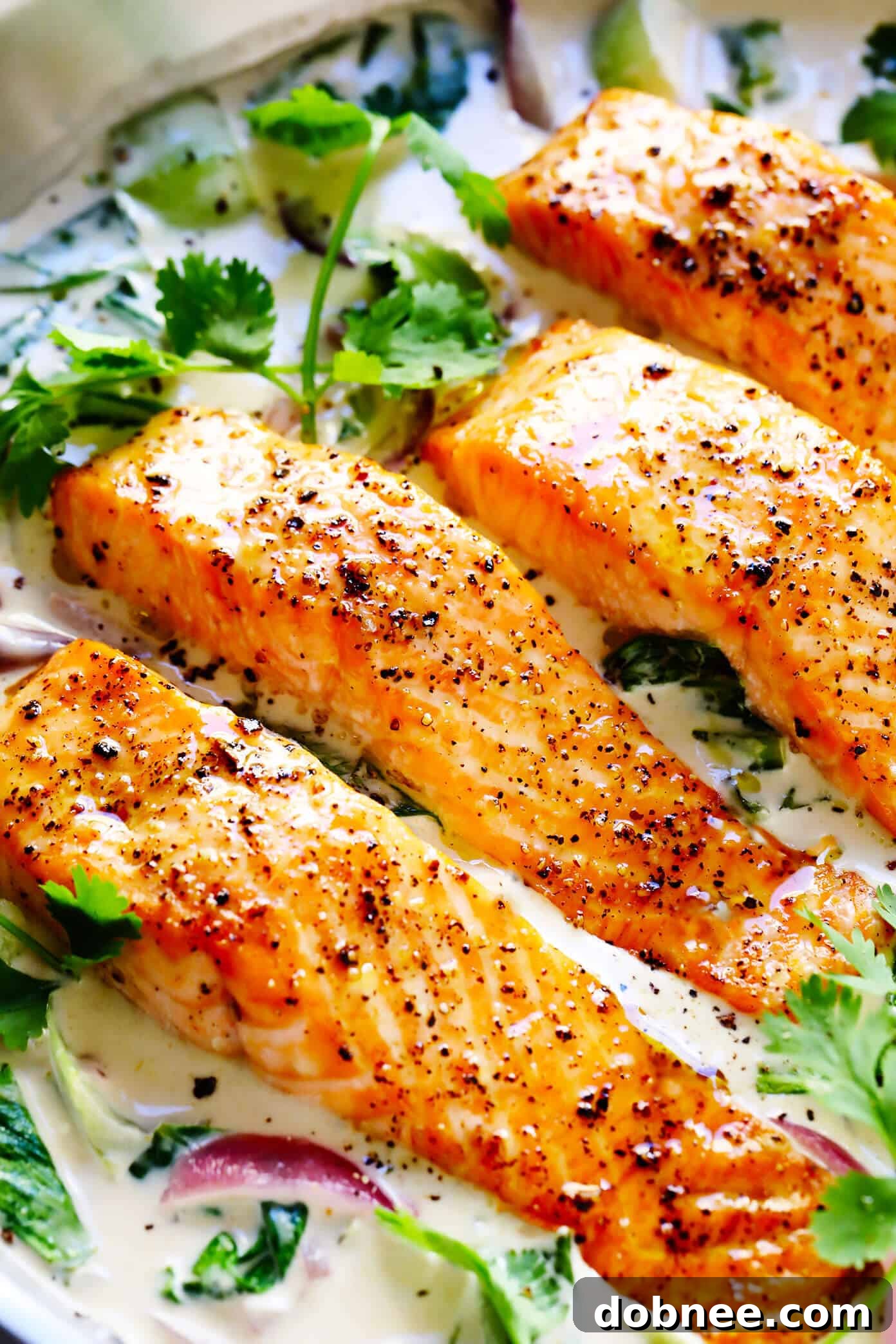 Baked Salmon with Green Curry Sauce Closeup