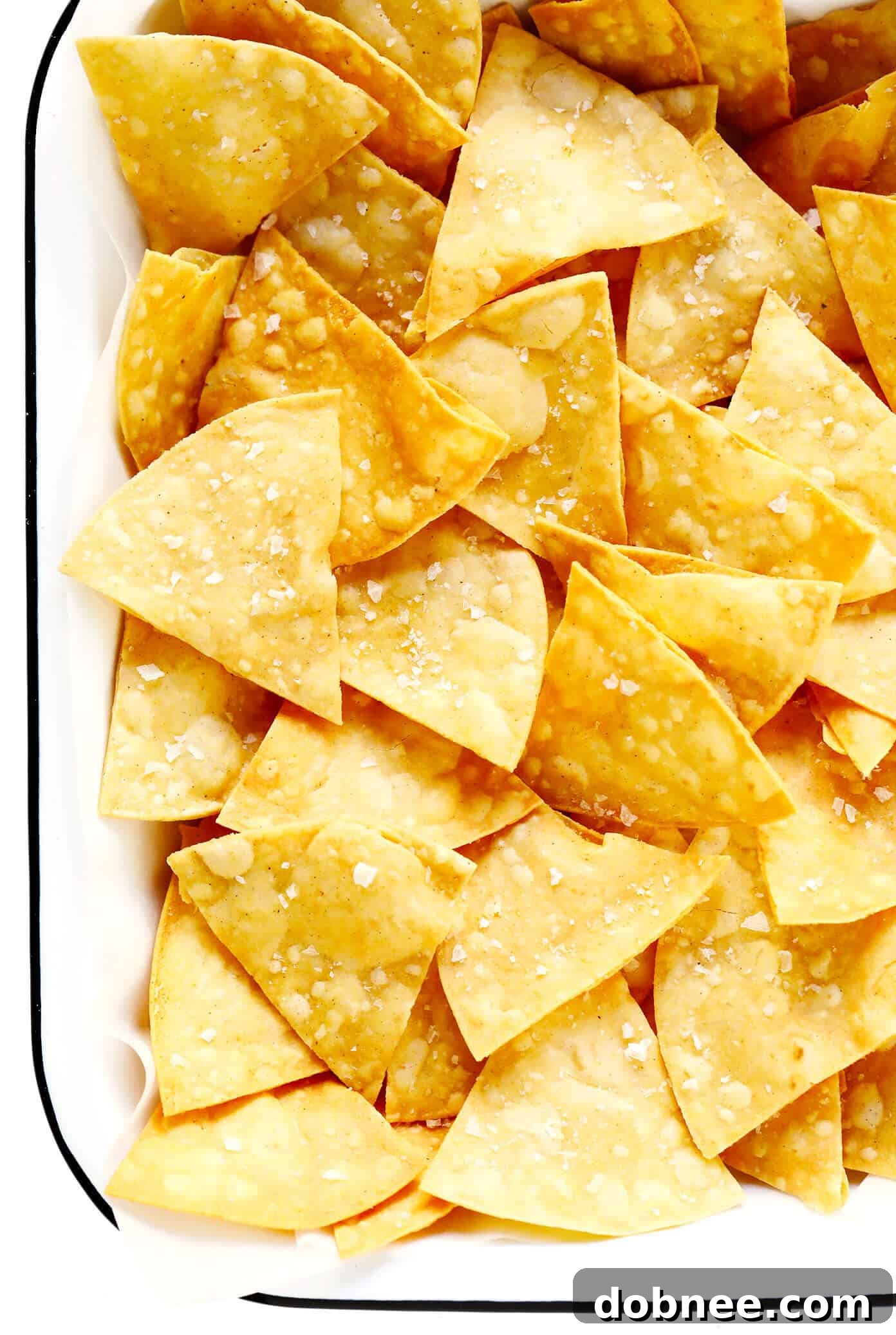 Homemade tortilla chips perfectly seasoned with flaky sea salt in a frying pan.