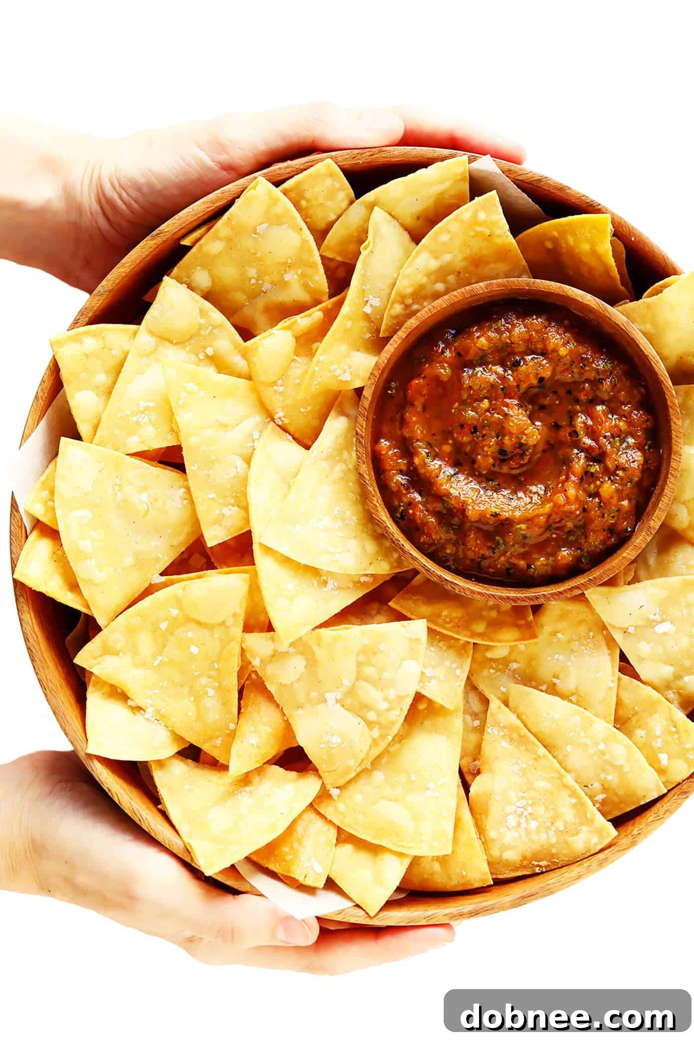 Homemade tortilla chips served with a bowl of vibrant roasted tomato salsa.