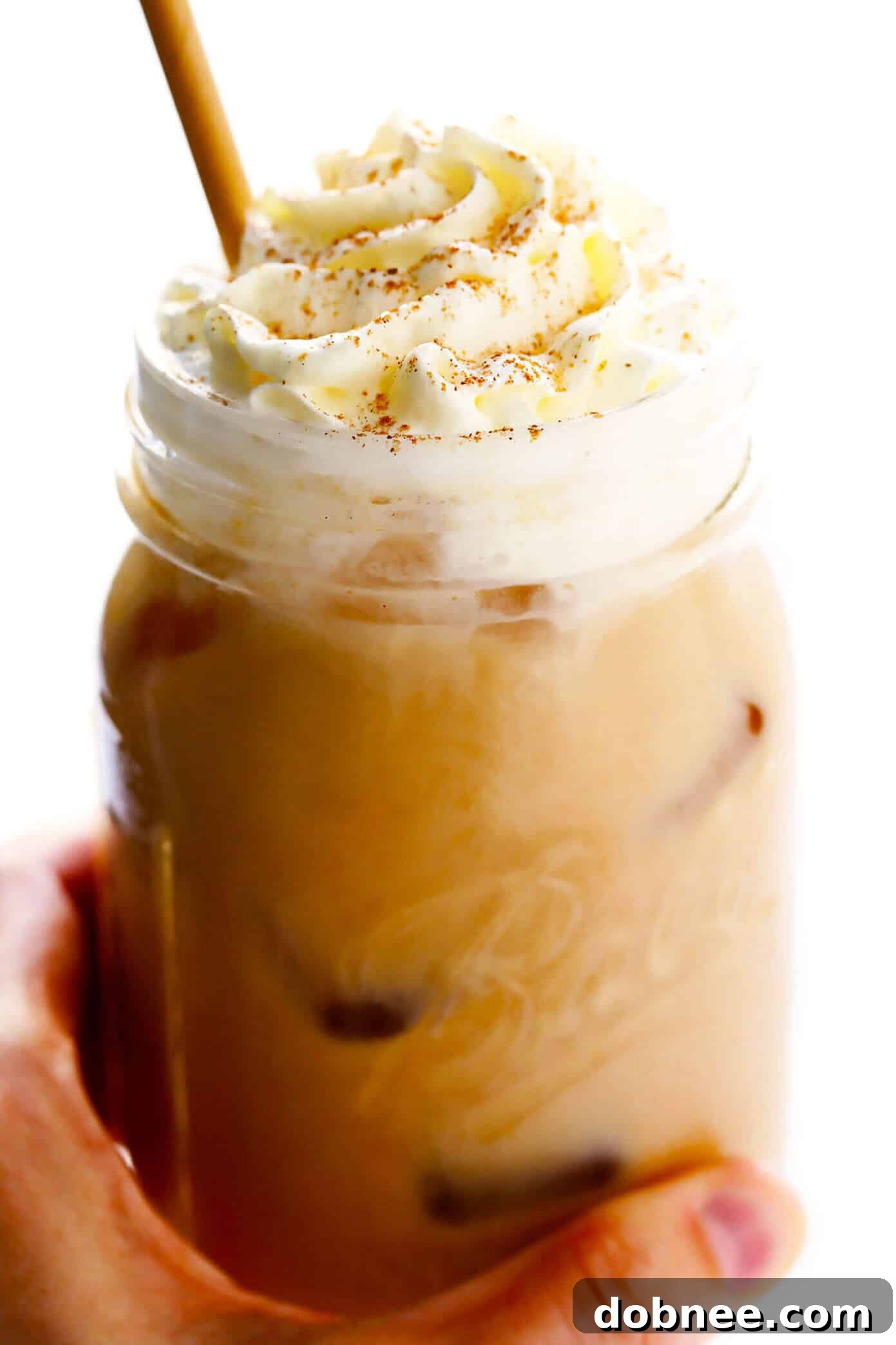 Iced Pumpkin Spice Latte topped with whipped cream and spice