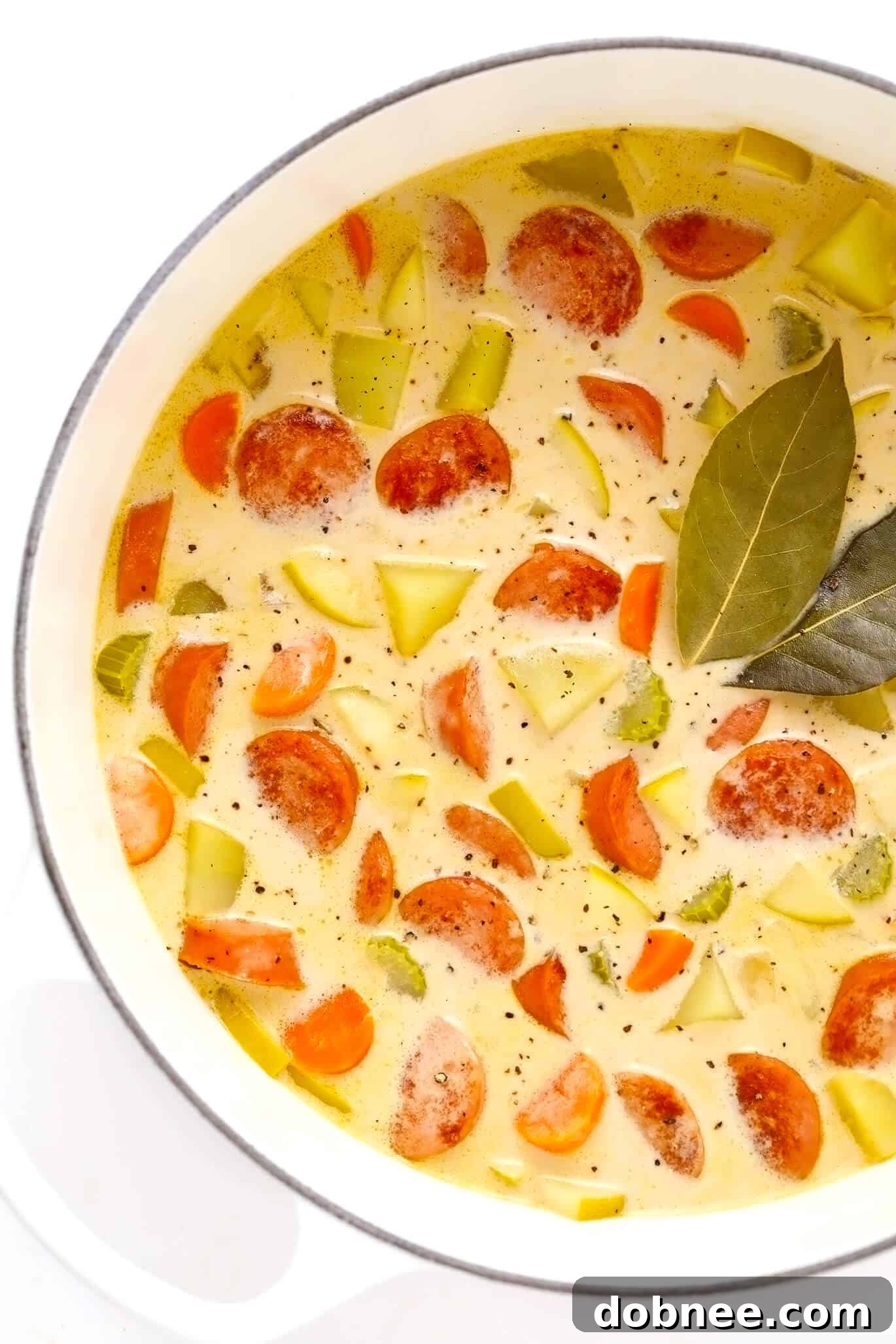 Hearty Smoked Sausage, Apple and Potato Soup with creamy zesty broth